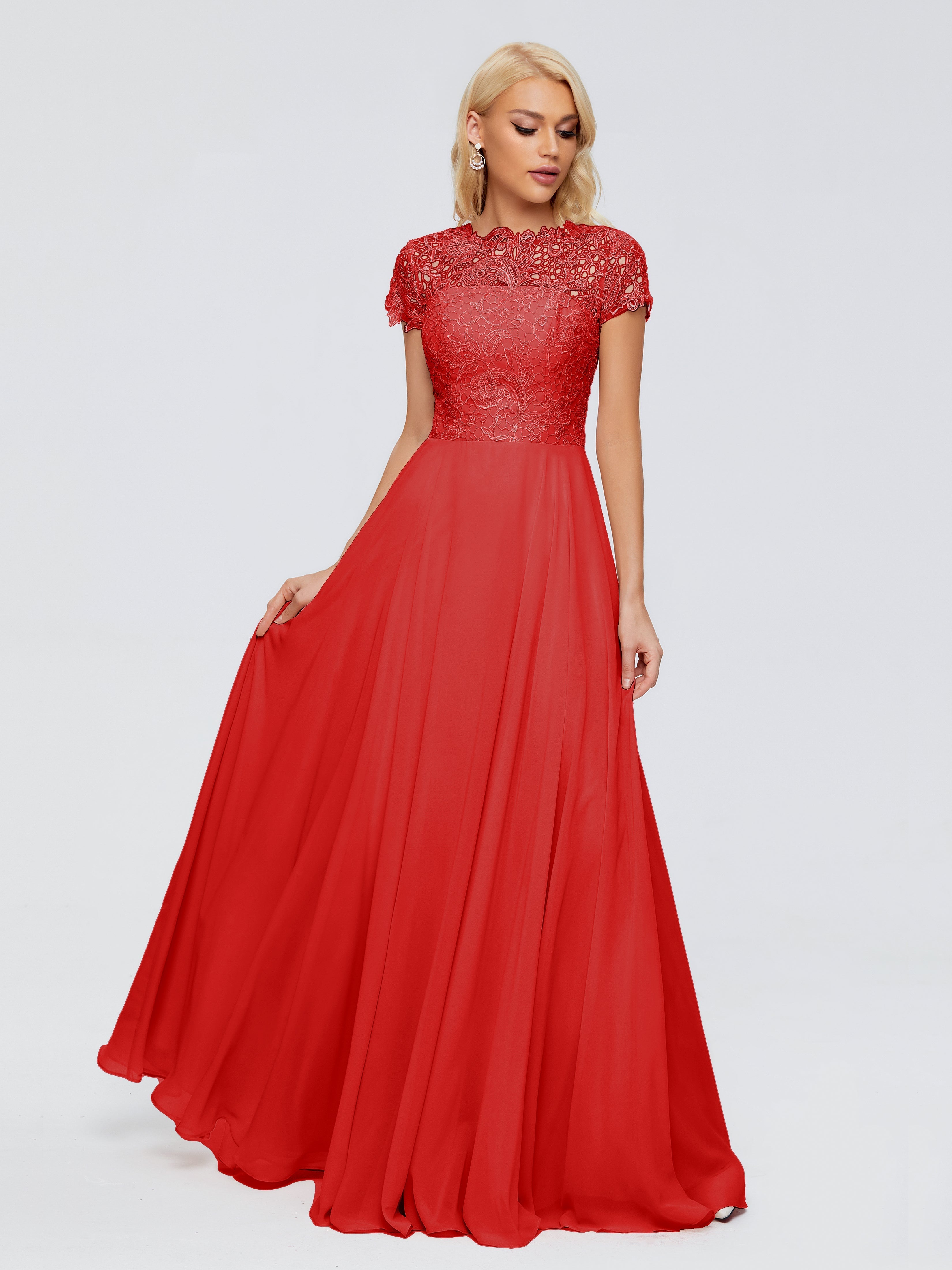 Robe Rouge De Demoiselle D Honneur Trapèze Encolure Dégagée Mousseline Robes Demoiselle D'Honneur