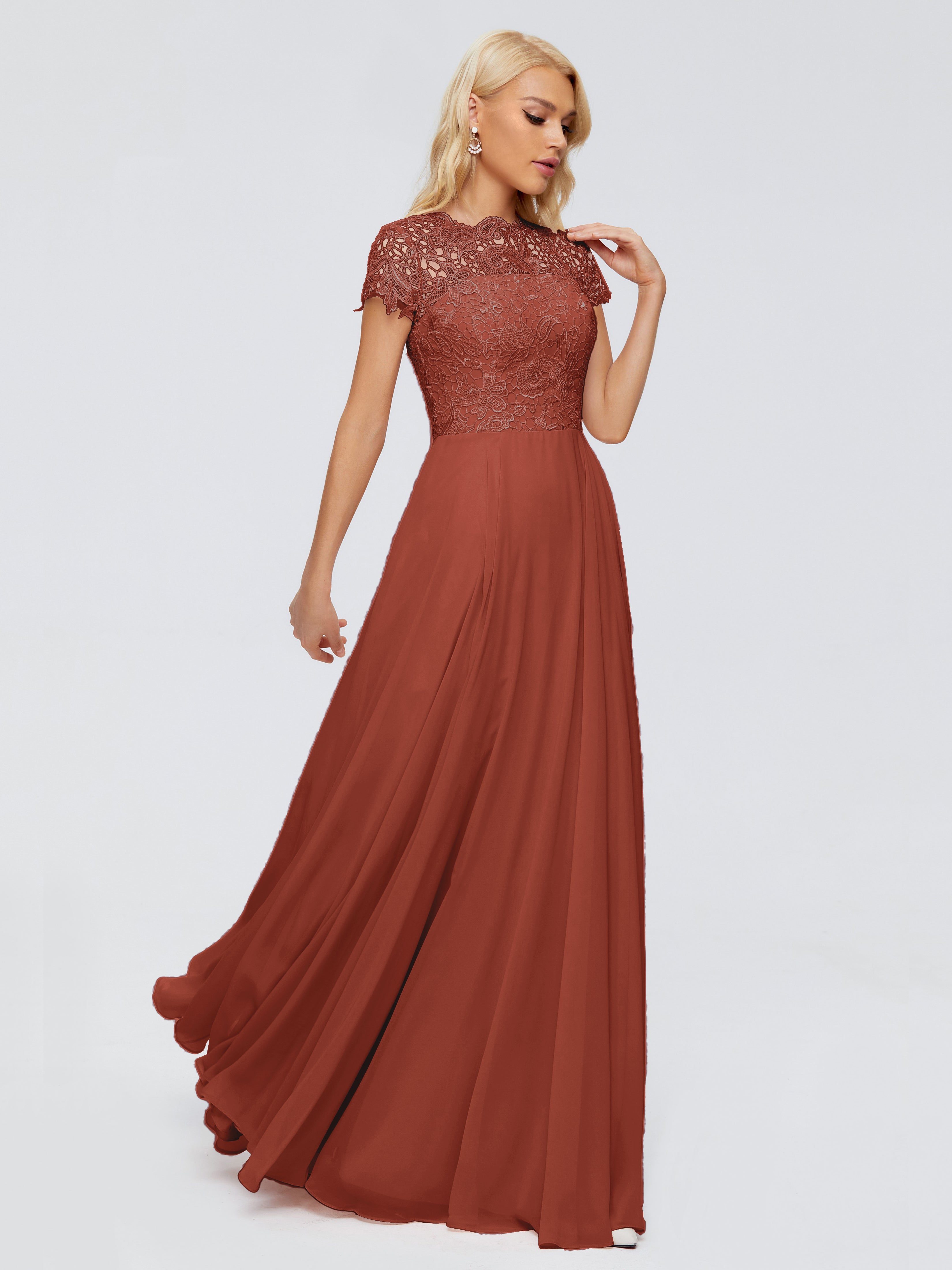 Robe Rouille Demoiselle D Honneur Trapèze Encolure Dégagée Mousseline Robes Demoiselle D'Honneur