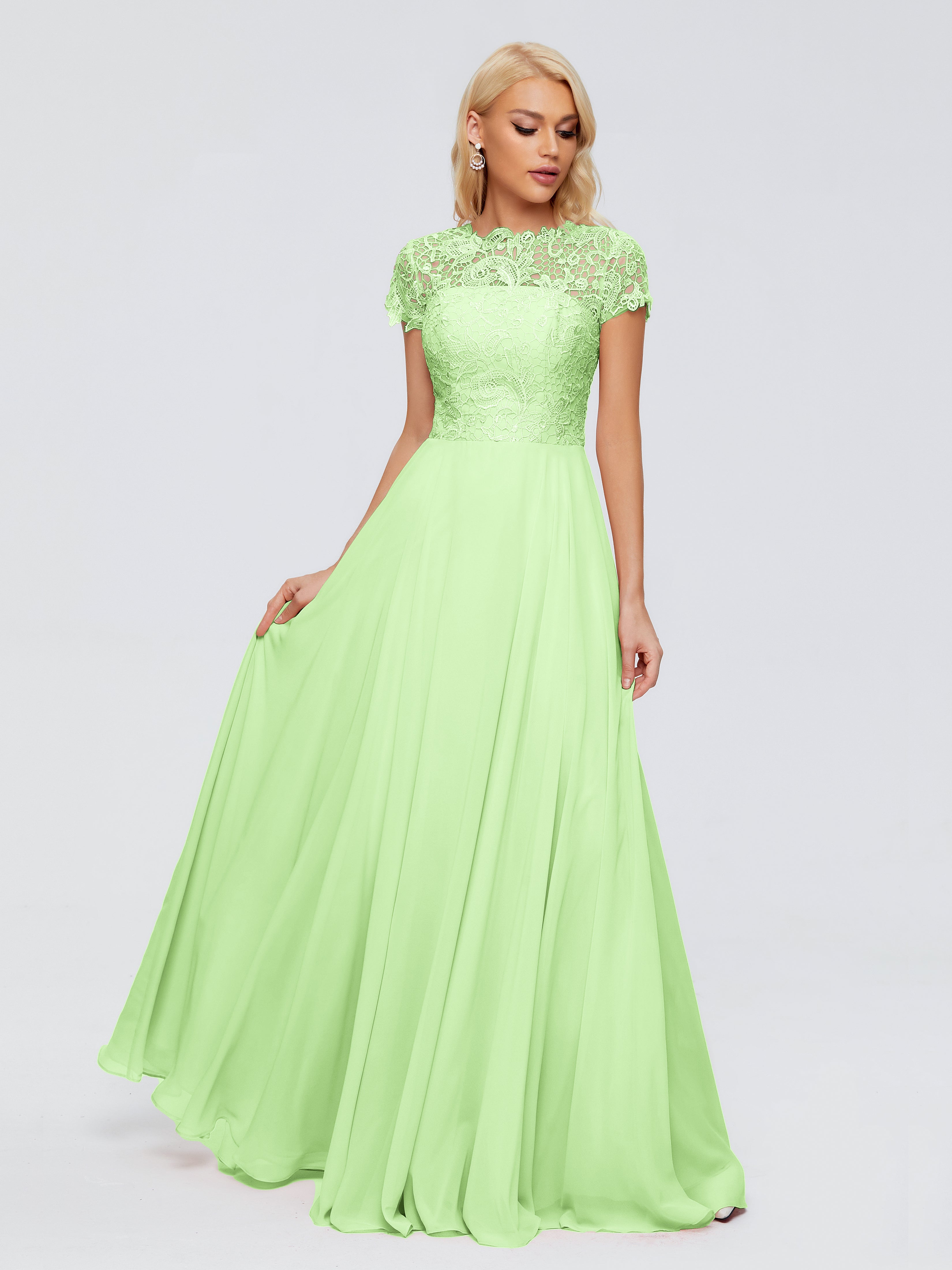 Demoiselle D Honneur Vert Sauge Trapèze Encolure Dégagée Mousseline Robes Demoiselle D'Honneur