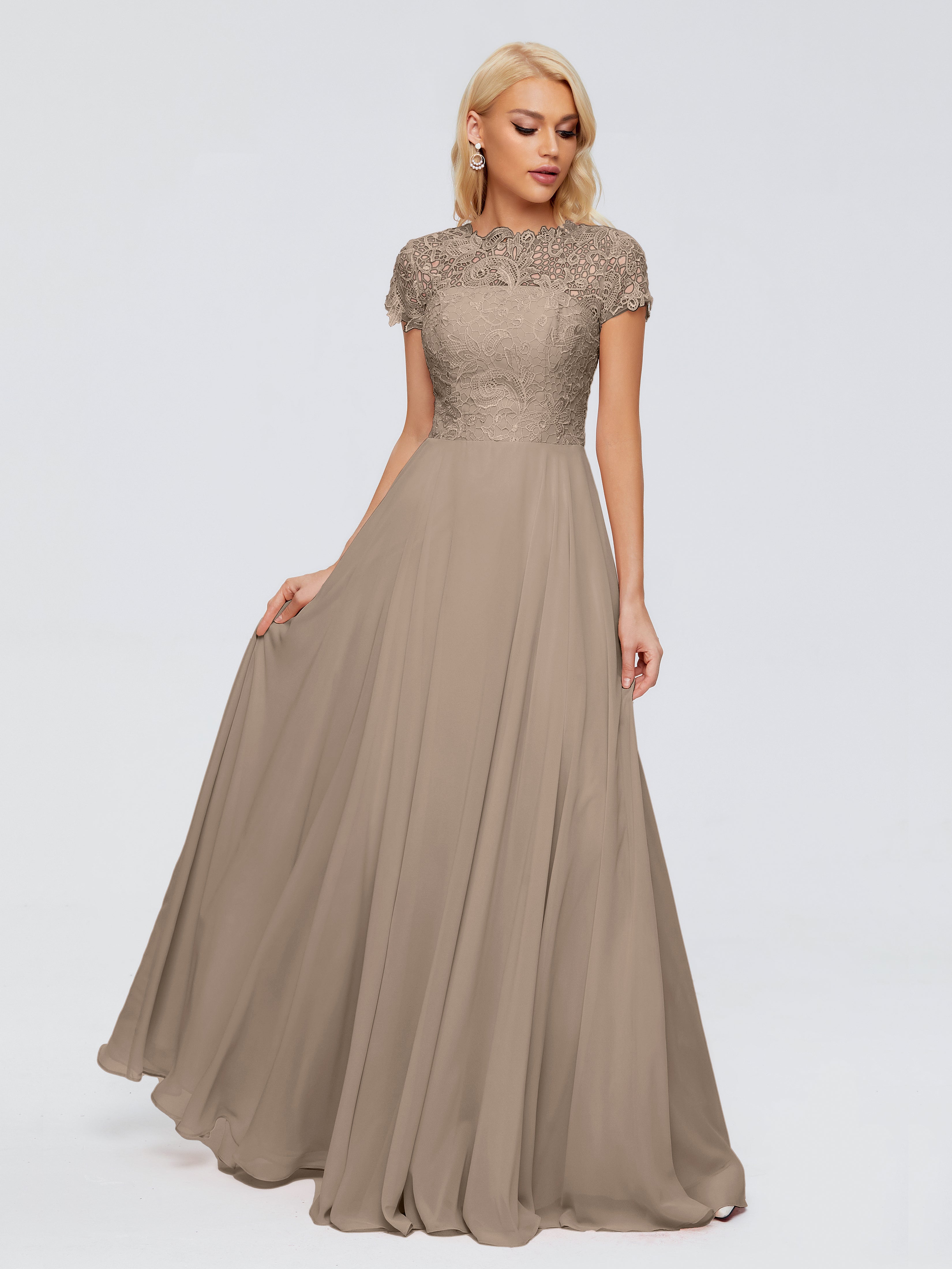 Couleur Taupe Robe Trapèze Encolure Dégagée Mousseline Robes Demoiselle D'Honneur