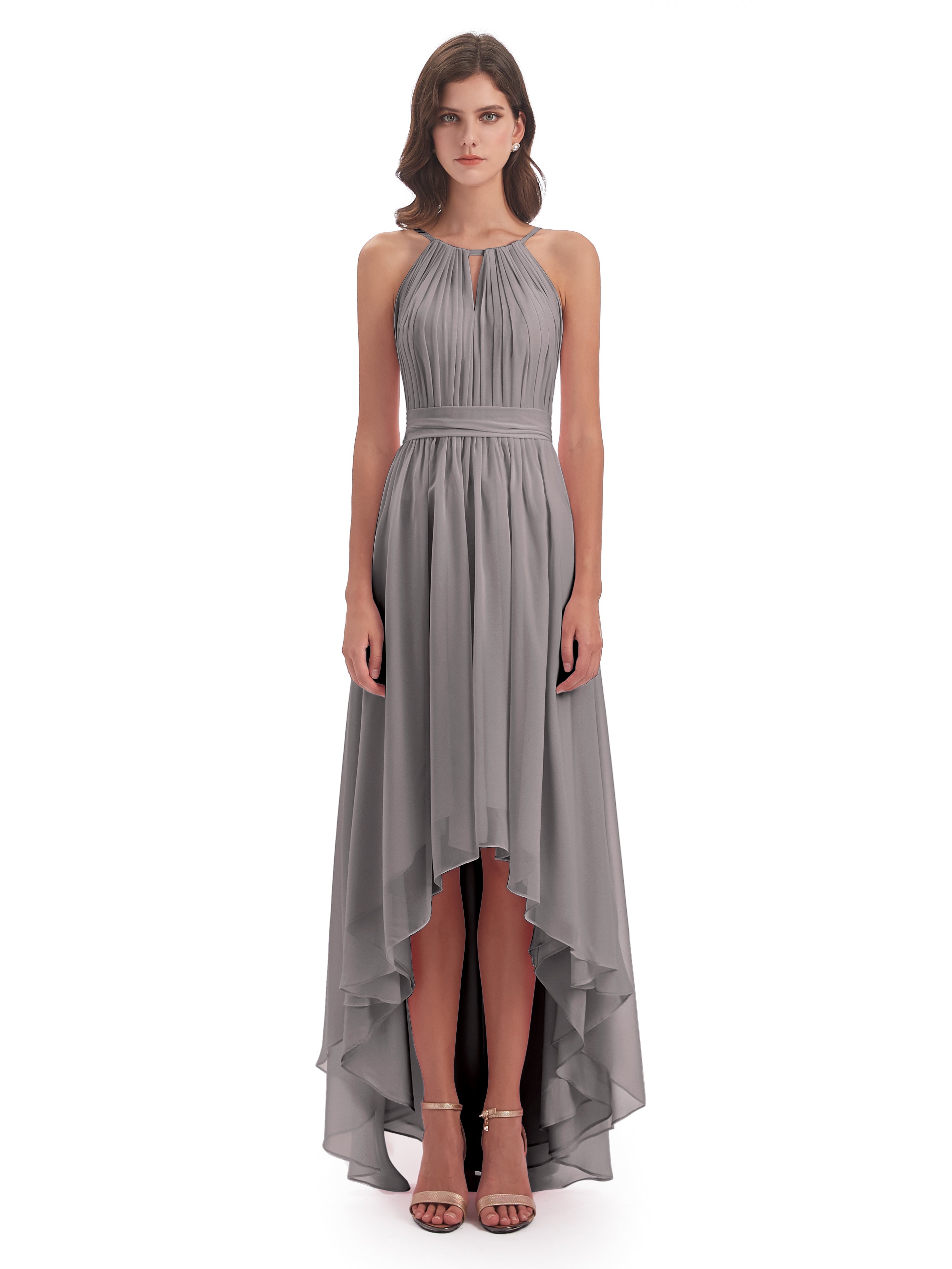 Robe Argentée Demoiselle D Honneur Asymétrique Haute Basse Licou Mousseline Robes Demoiselle D'Honneur