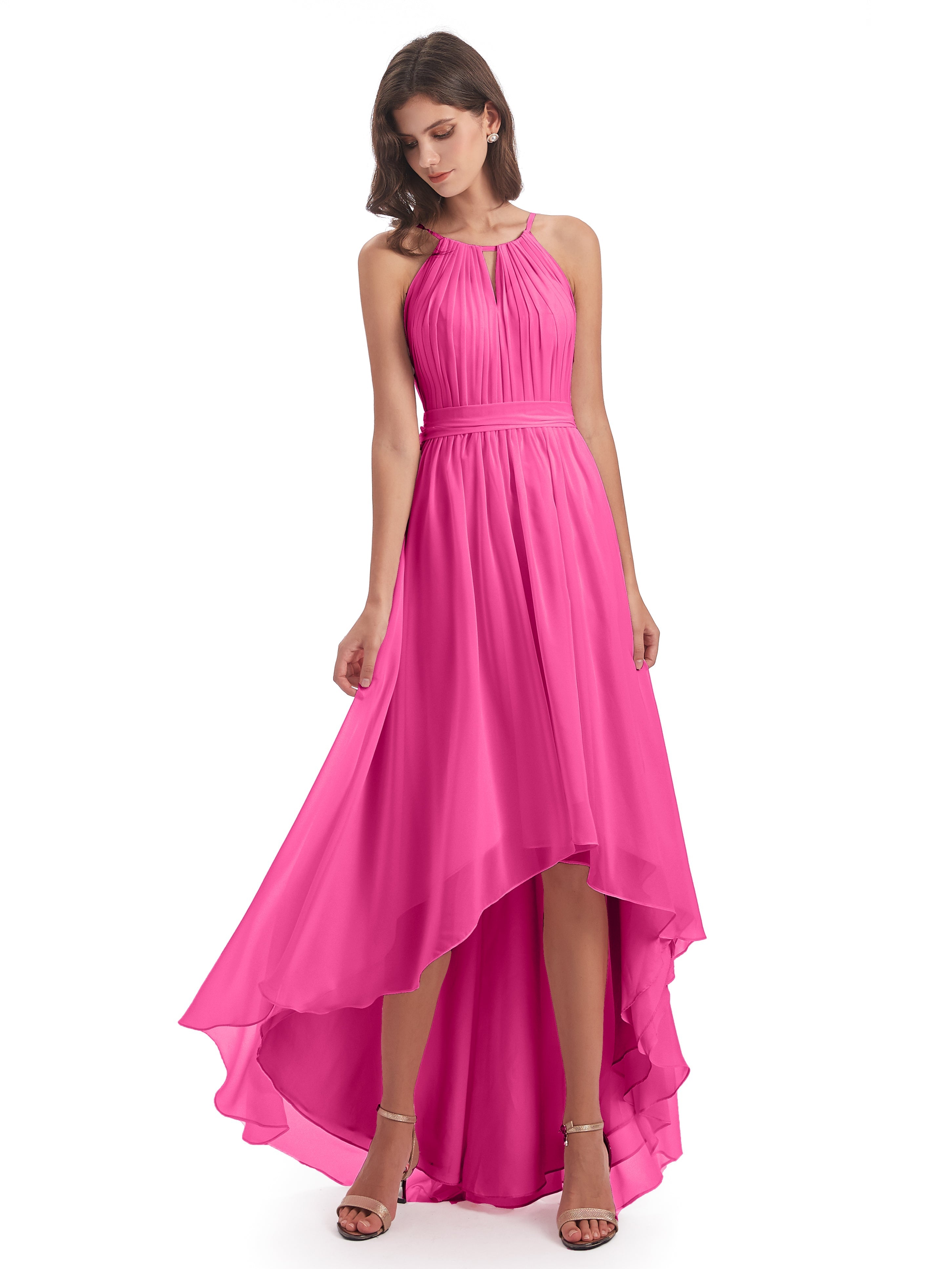 Robe Demoiselle D Honneur Azalée Asymétrique Haute Basse Licou Mousseline Robes Demoiselle D'Honneur