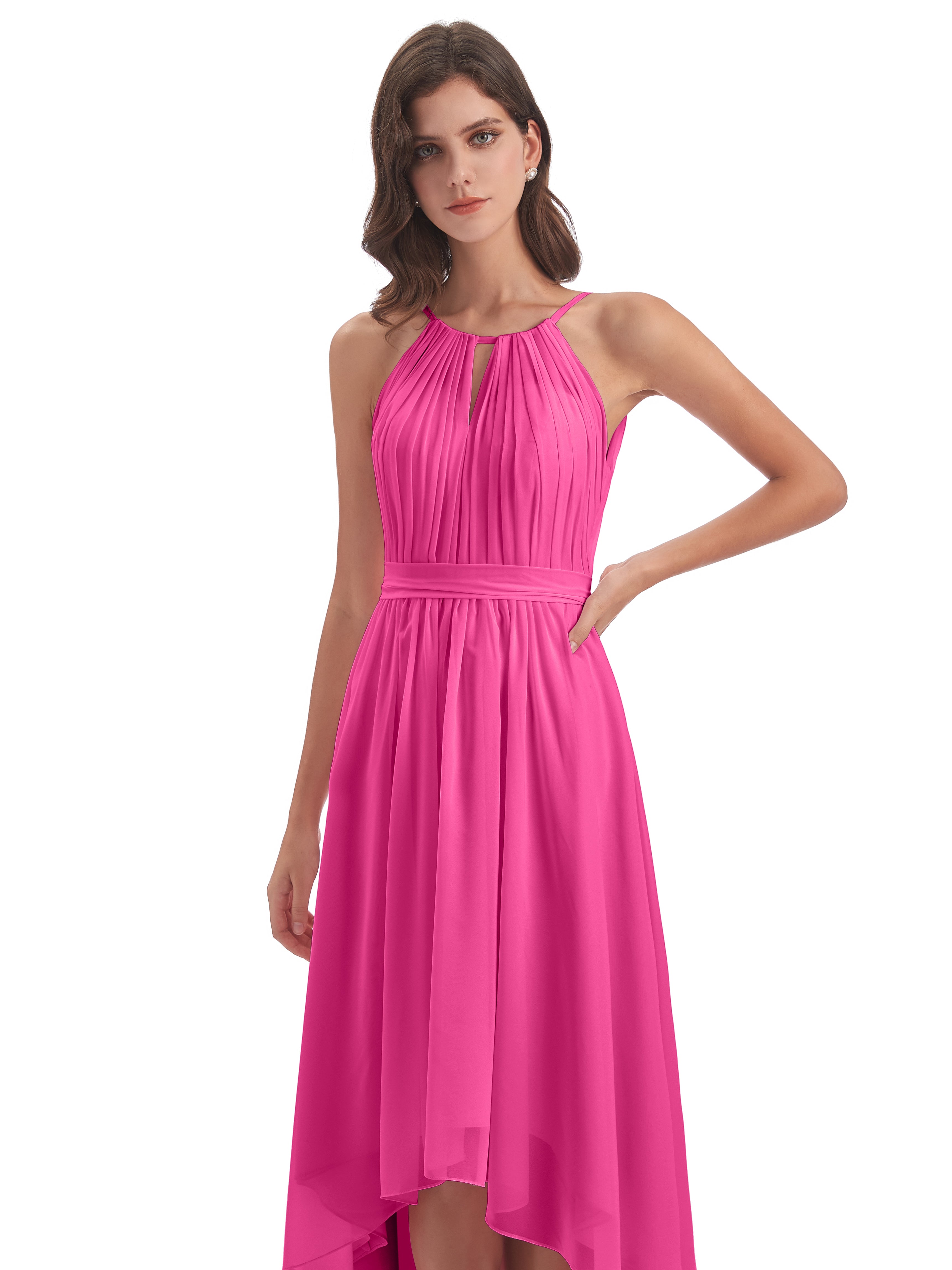 Robe Demoiselle D Honneur Azalée Asymétrique Haute Basse Licou Mousseline Robes Demoiselle D'Honneur