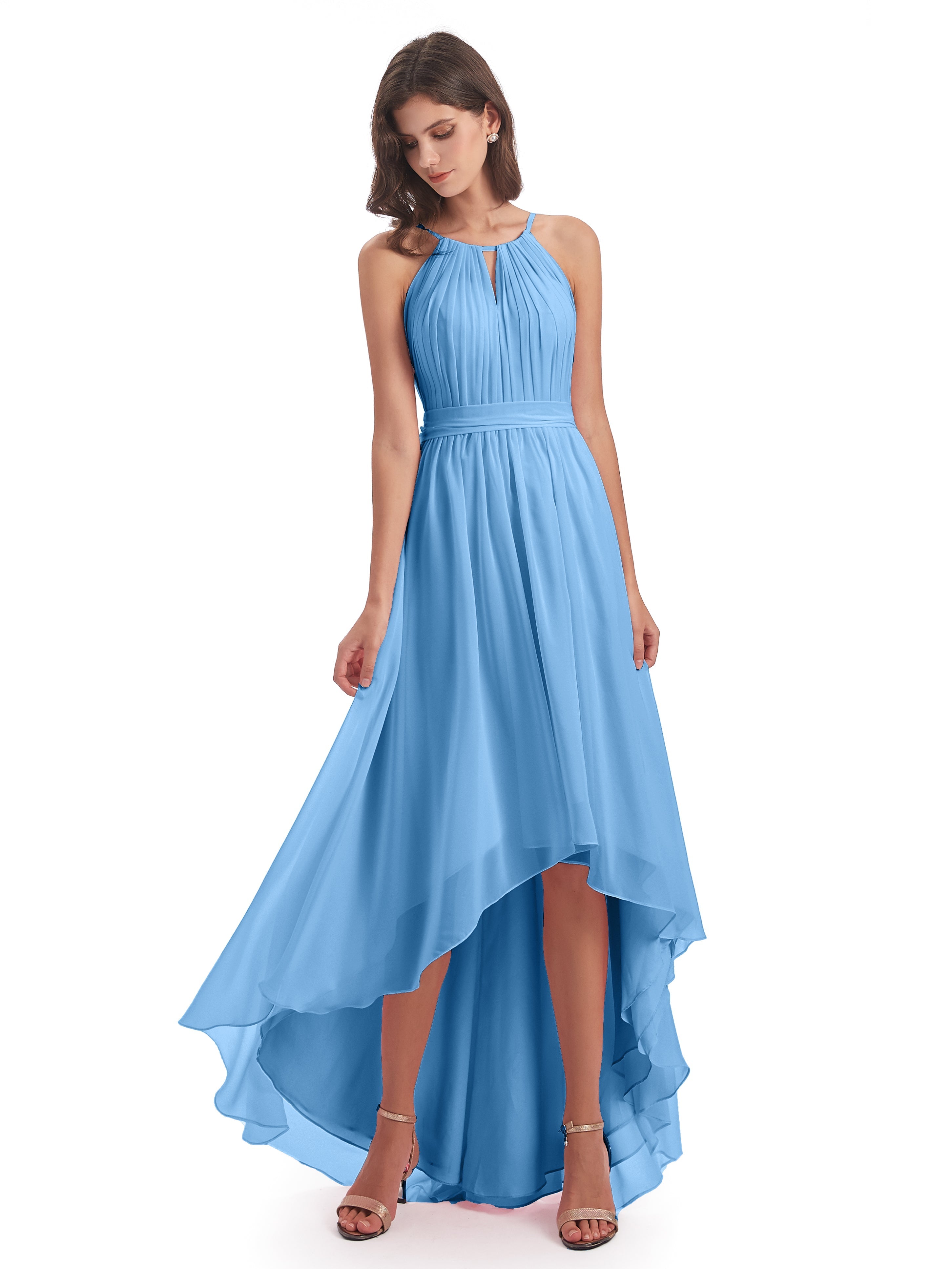 Demoiselle D Honneur Robe Bleu Asymétrique Haute Basse Licou Mousseline Robes Demoiselle D'Honneur