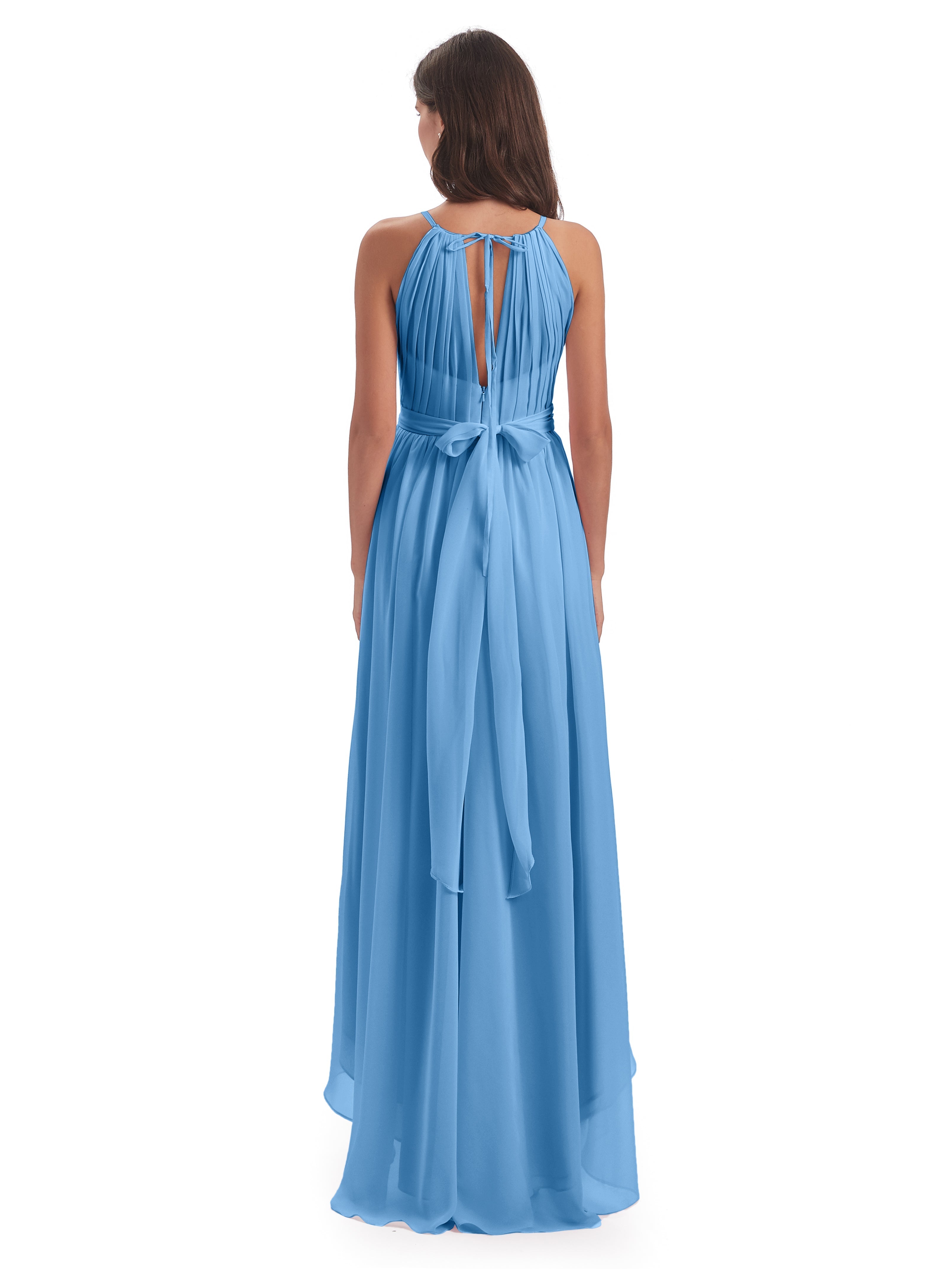 Demoiselle D Honneur Robe Bleu Asymétrique Haute Basse Licou Mousseline Robes Demoiselle D'Honneur