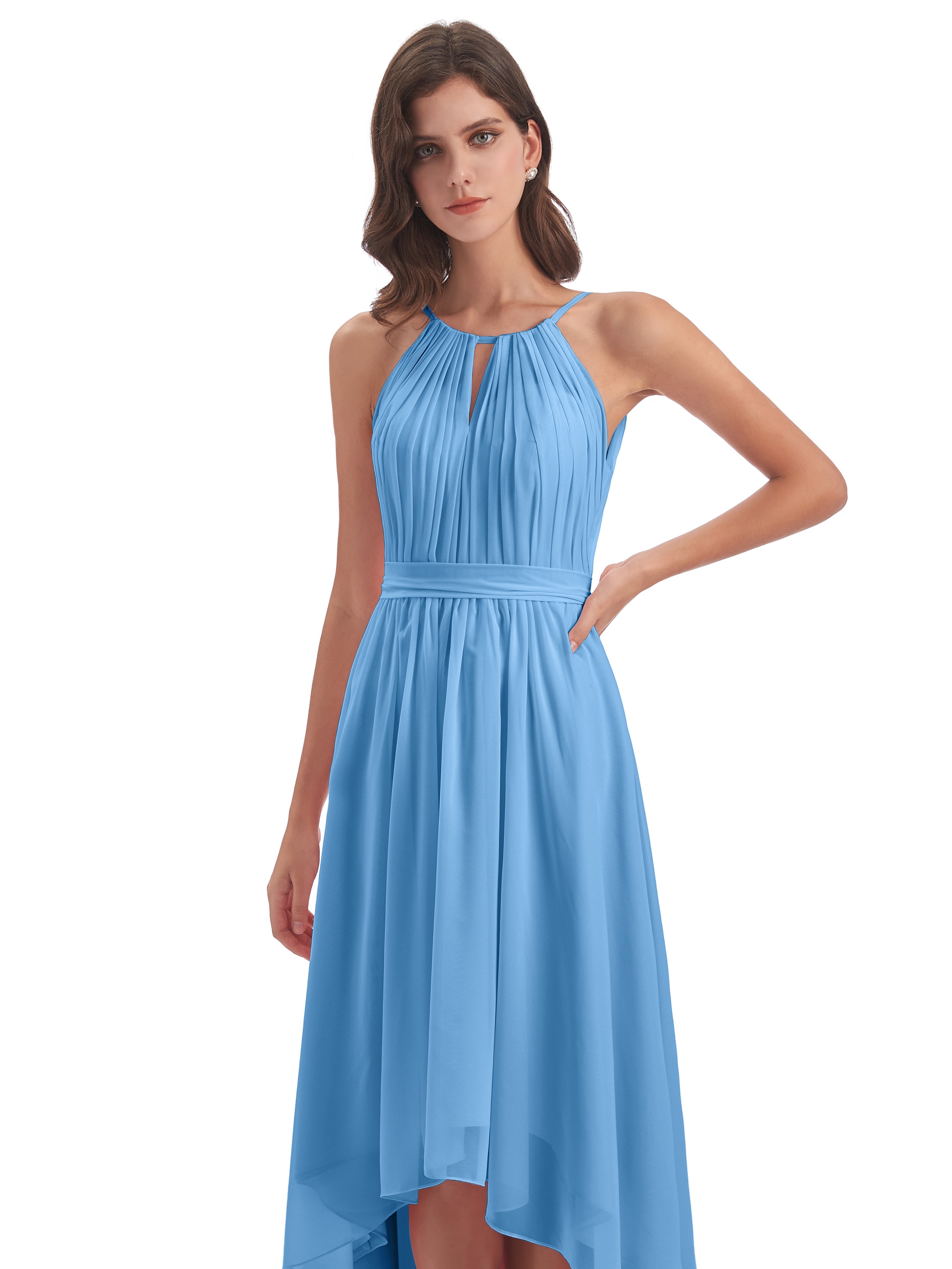 Demoiselle D Honneur Robe Bleu Asymétrique Haute Basse Licou Mousseline Robes Demoiselle D'Honneur