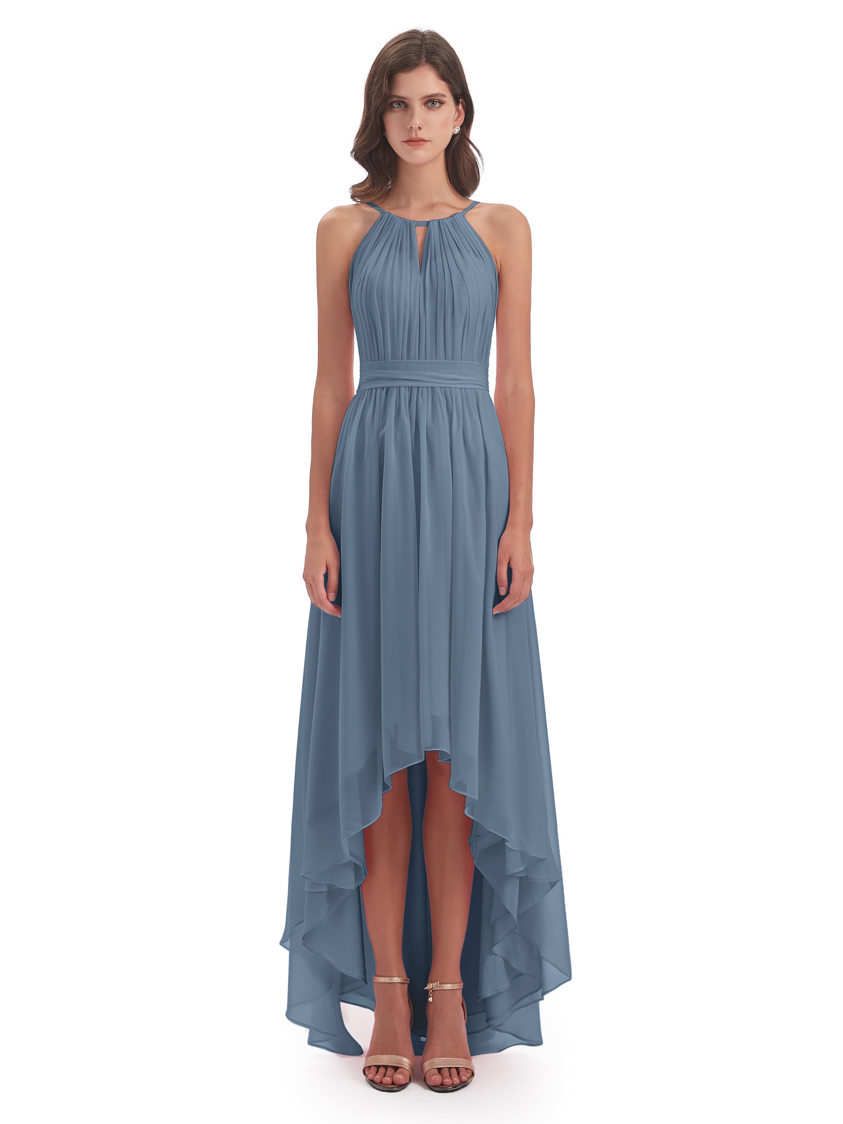 Robes De Demoiselle D'Honneur Bleu De Schiste Asymétrique Haute Basse Licou Mousseline Robes Demoiselle D'Honneur