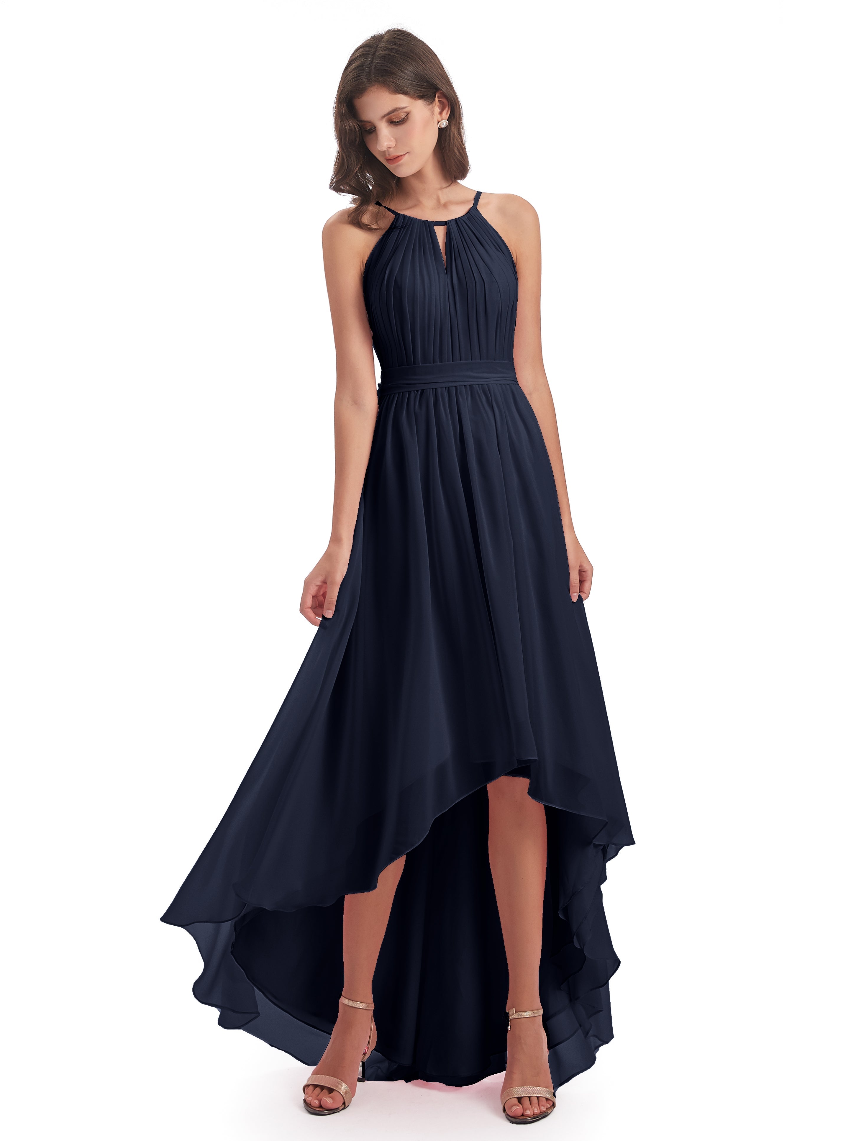 Robes De Demoiselle D'Honneur Bleu Marine Foncé Asymétrique Haute Basse Licou Mousseline Robes Demoiselle D'Honneur