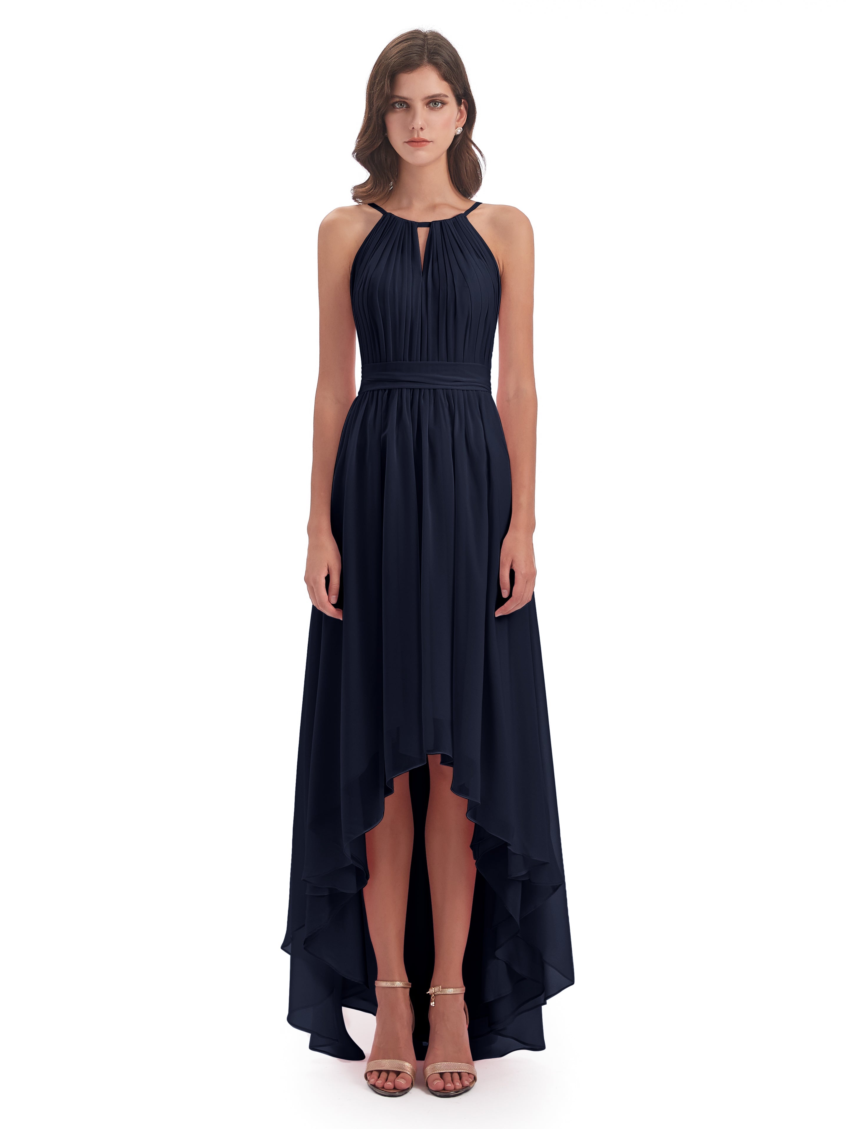 Robes De Demoiselle D'Honneur Bleu Marine Foncé Asymétrique Haute Basse Licou Mousseline Robes Demoiselle D'Honneur