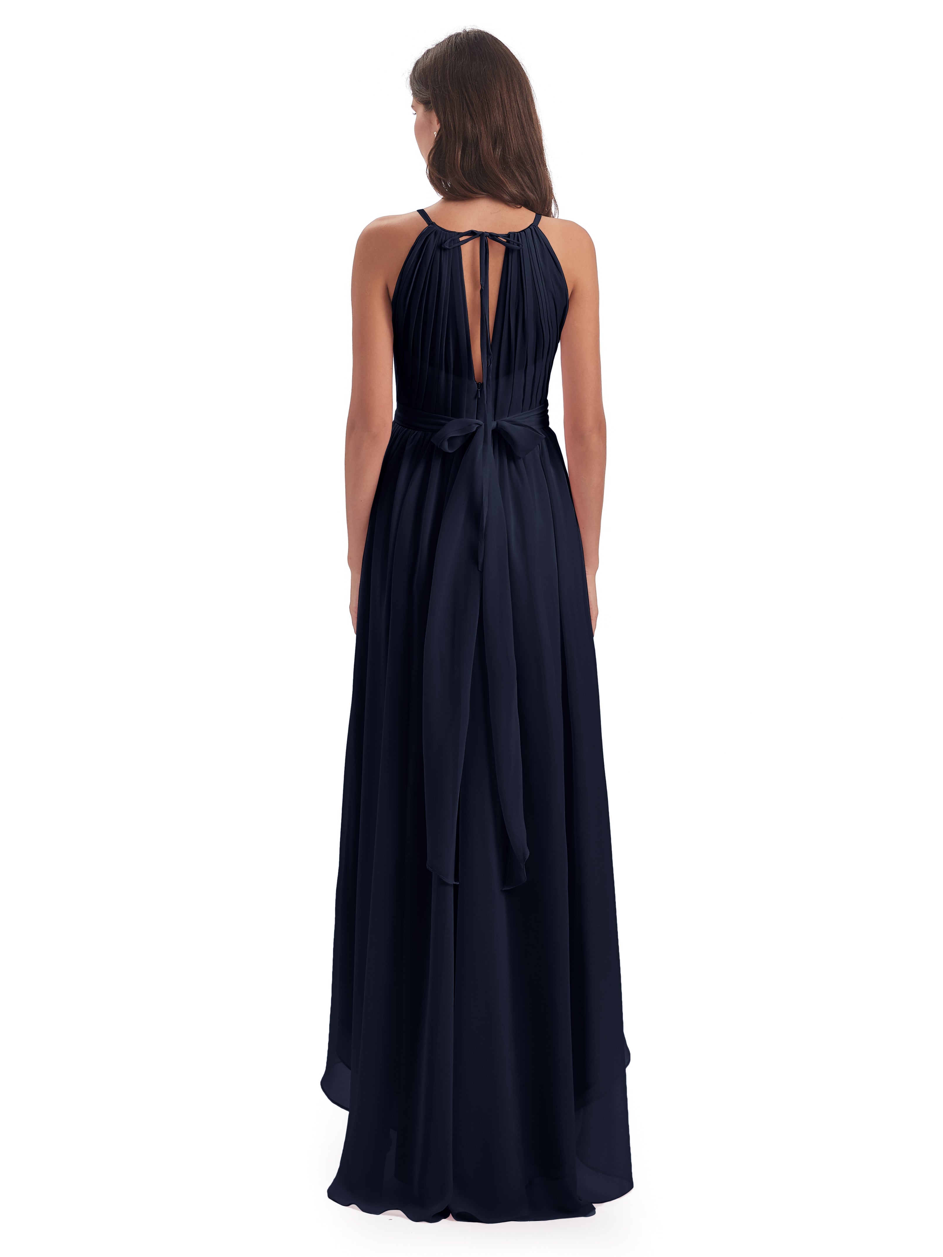 Robes De Demoiselle D'Honneur Bleu Marine Foncé Asymétrique Haute Basse Licou Mousseline Robes Demoiselle D'Honneur