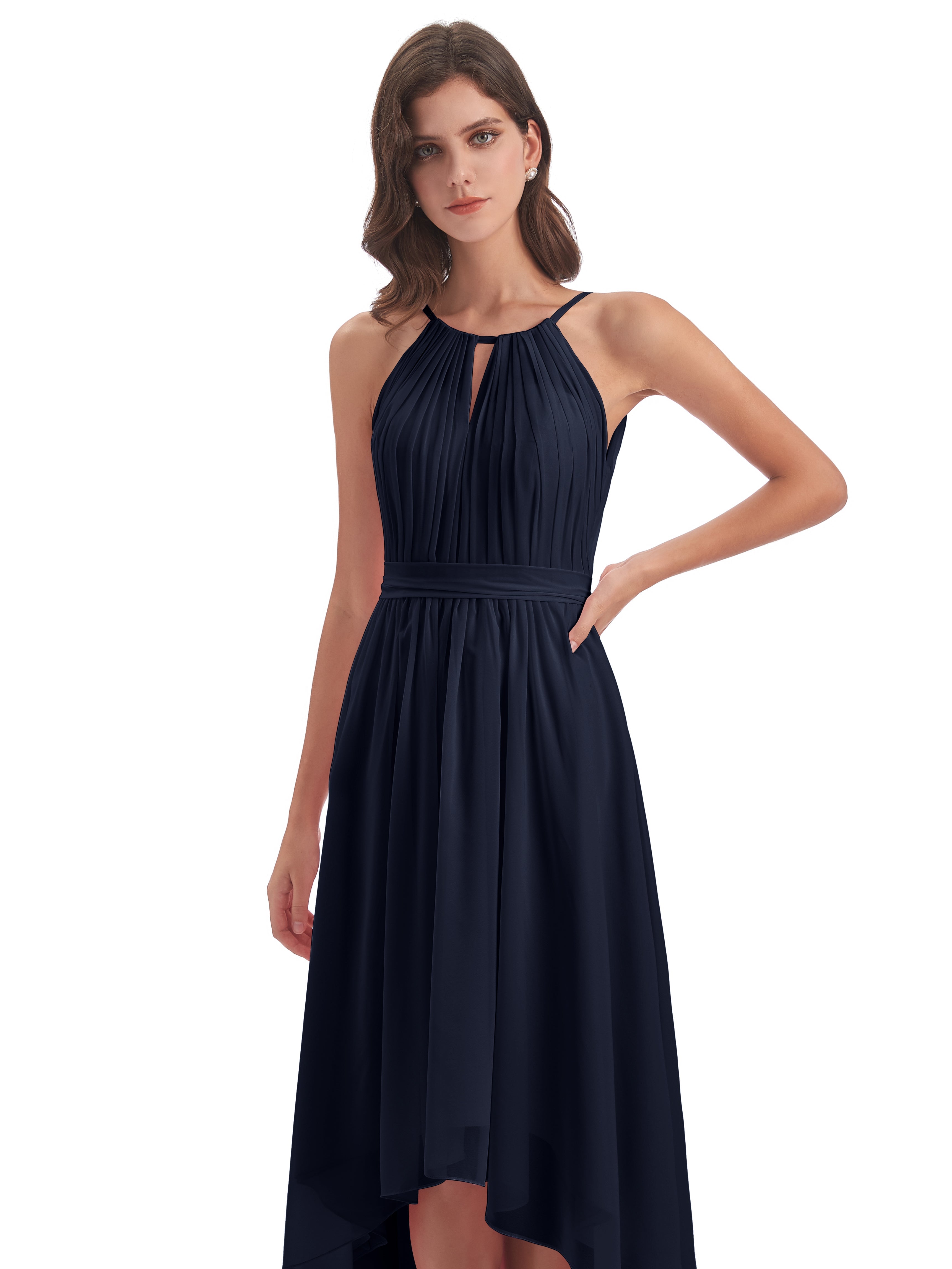 Robes De Demoiselle D'Honneur Bleu Marine Foncé Asymétrique Haute Basse Licou Mousseline Robes Demoiselle D'Honneur