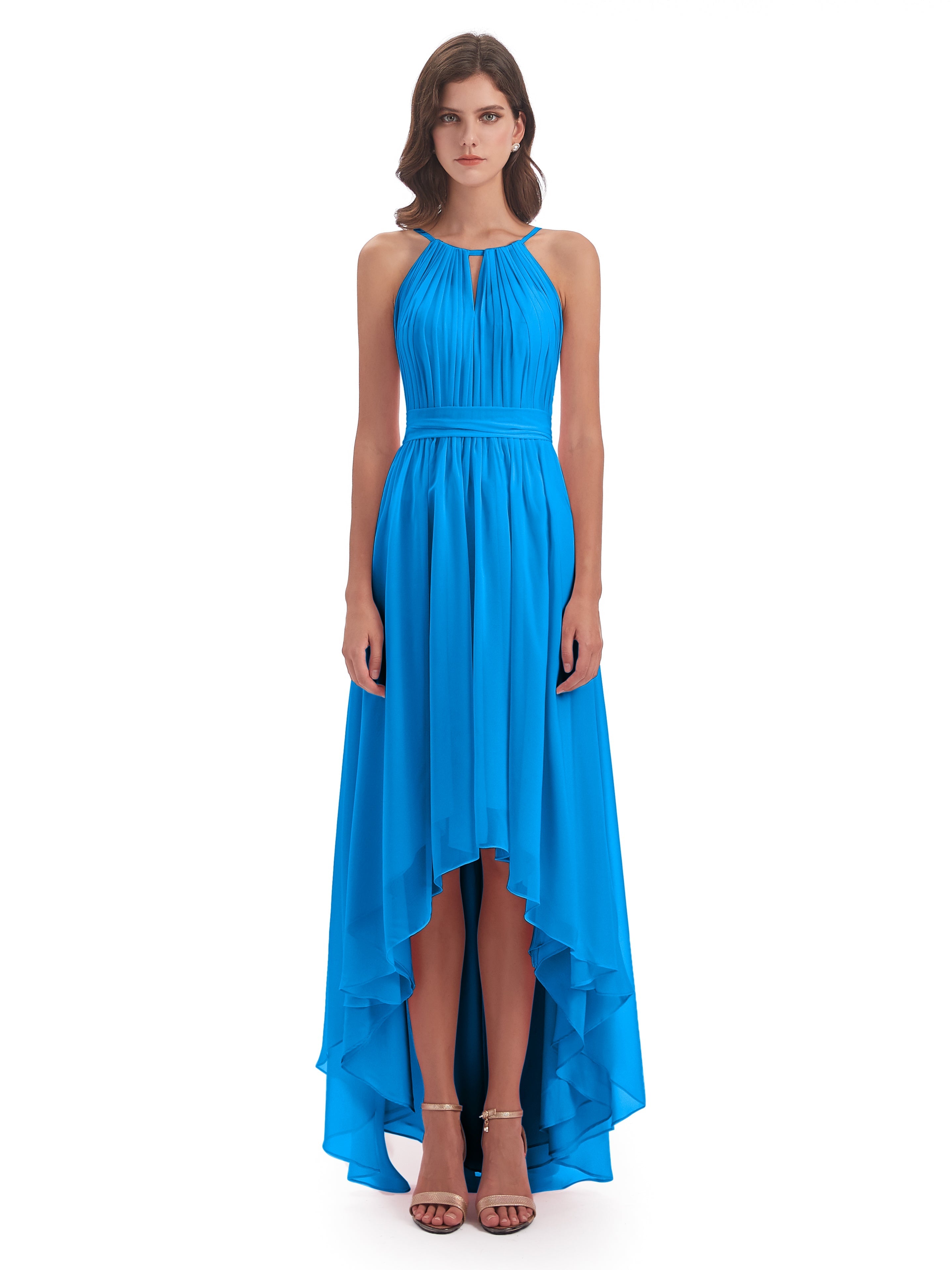 Robes De Demoiselle D'Honneur Bleu Océan Asymétrique Haute Basse Licou Mousseline Robes Demoiselle D'Honneur