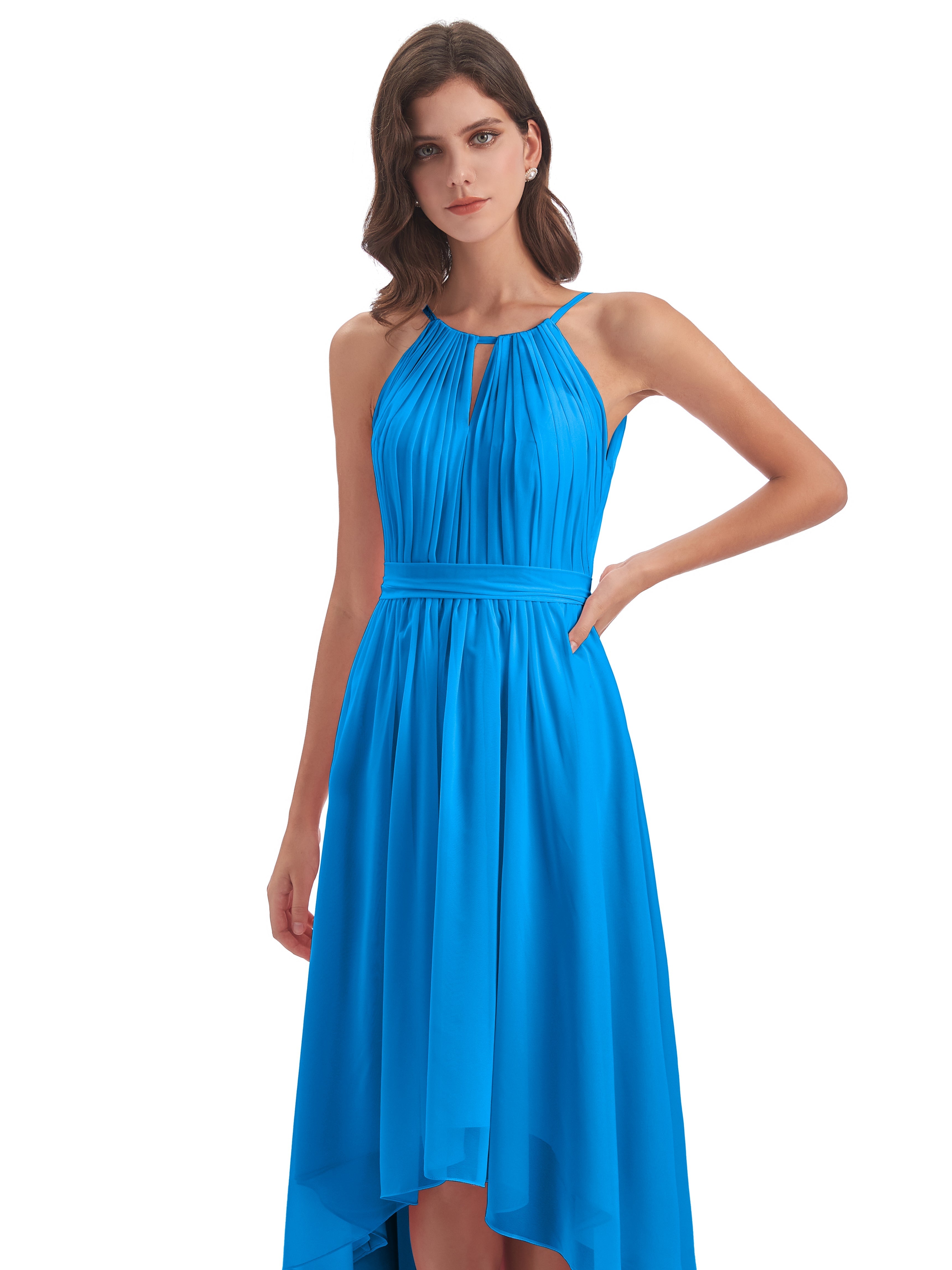 Robes De Demoiselle D'Honneur Bleu Océan Asymétrique Haute Basse Licou Mousseline Robes Demoiselle D'Honneur