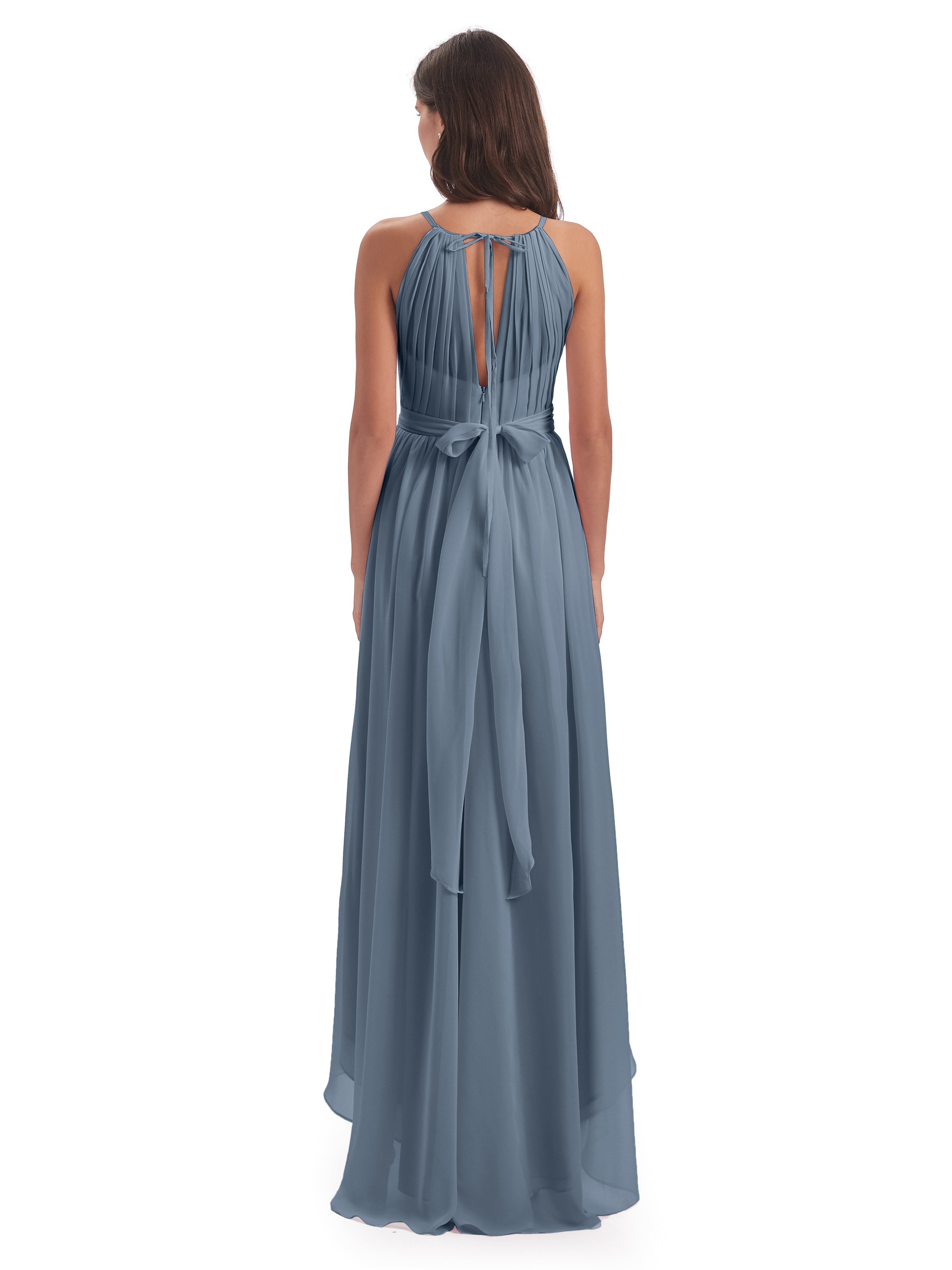 Robes De Demoiselle D'Honneur Bleu Poudre Asymétrique Haute Basse Licou Mousseline Robes Demoiselle D'Honneur