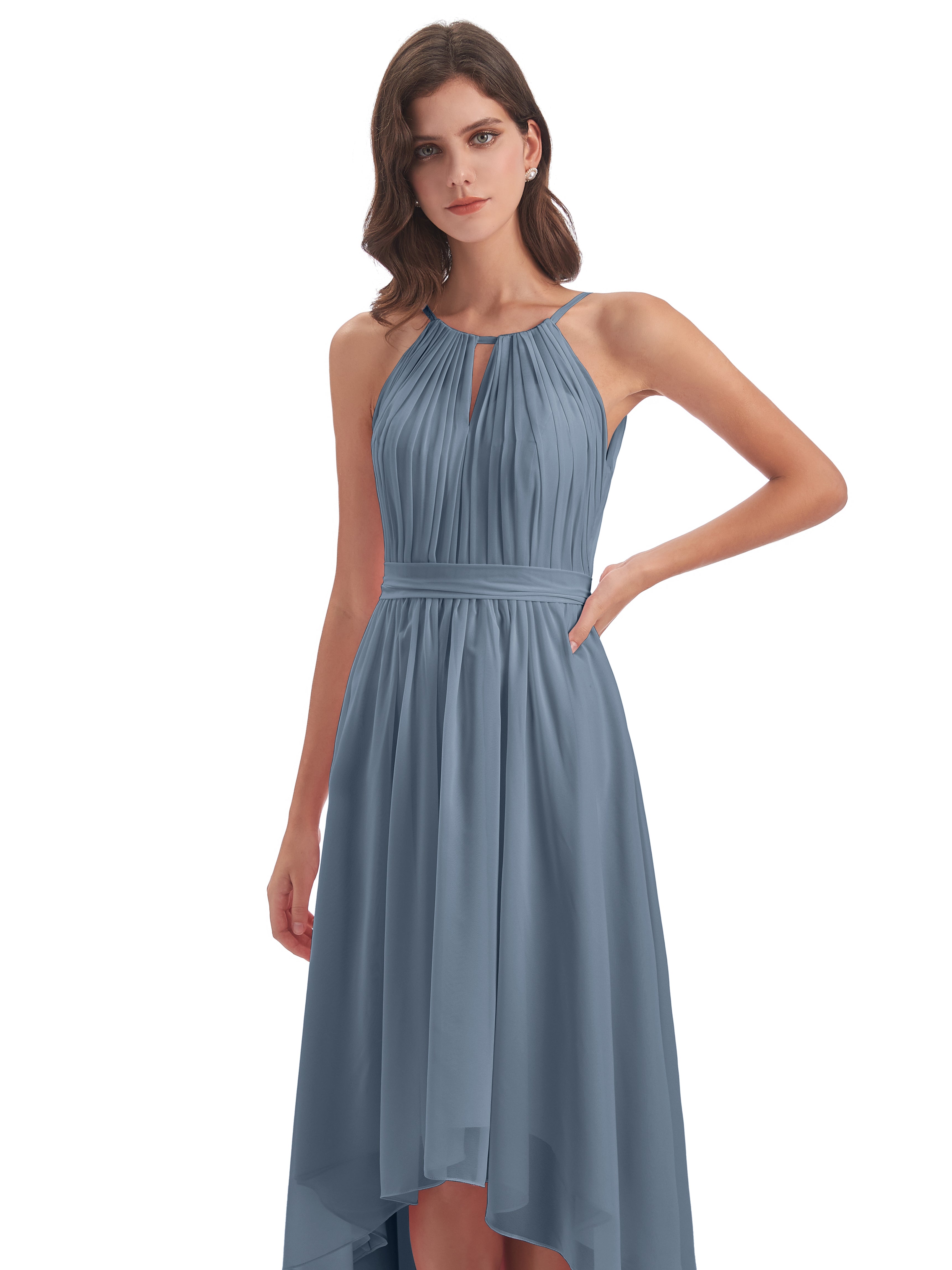 Robes De Demoiselle D'Honneur Bleu Poudre Asymétrique Haute Basse Licou Mousseline Robes Demoiselle D'Honneur