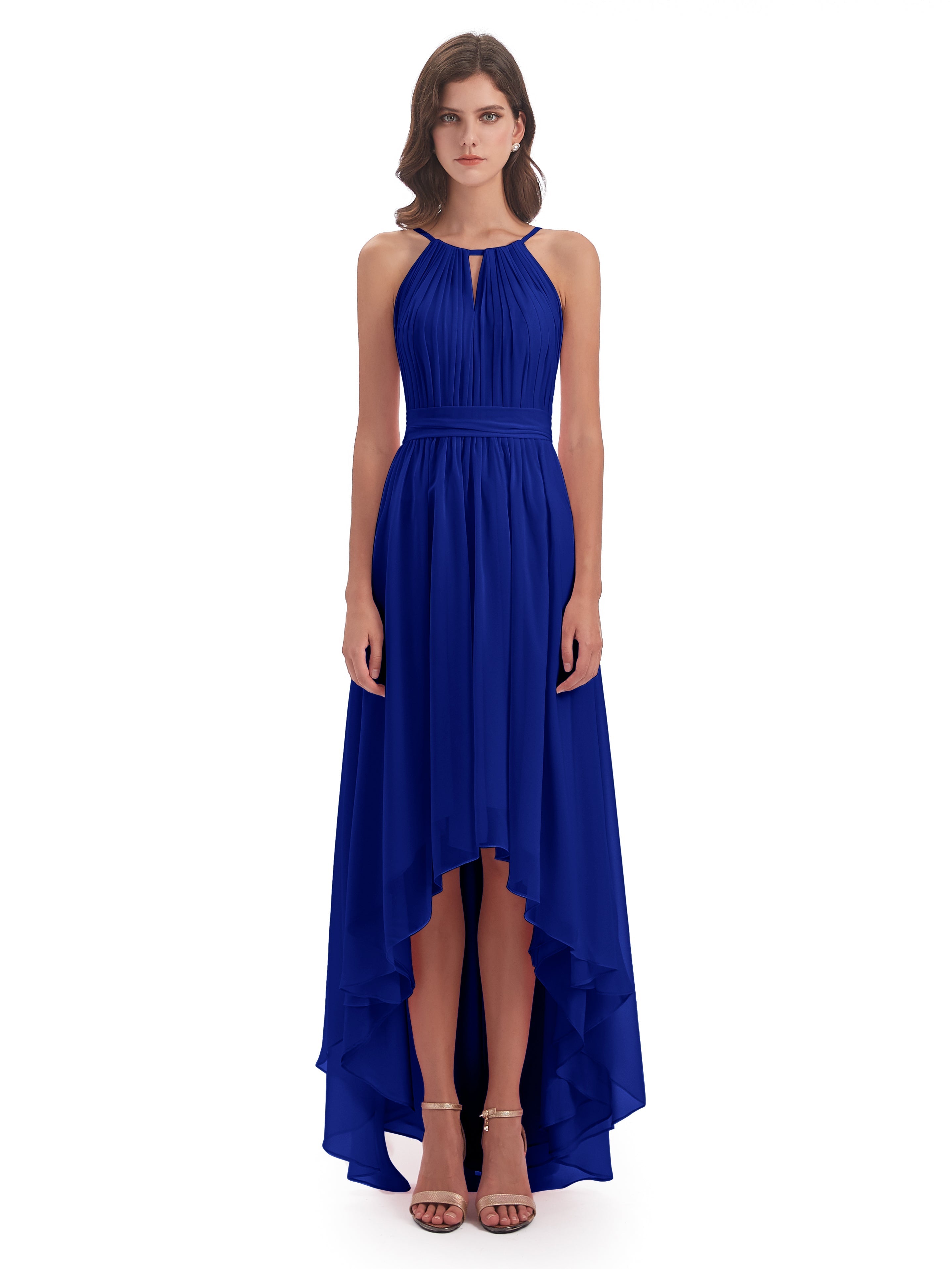 Robe Bleu Roi Demoiselle D Honneur Asymétrique Haute Basse Licou Mousseline Robes Demoiselle D'Honneur