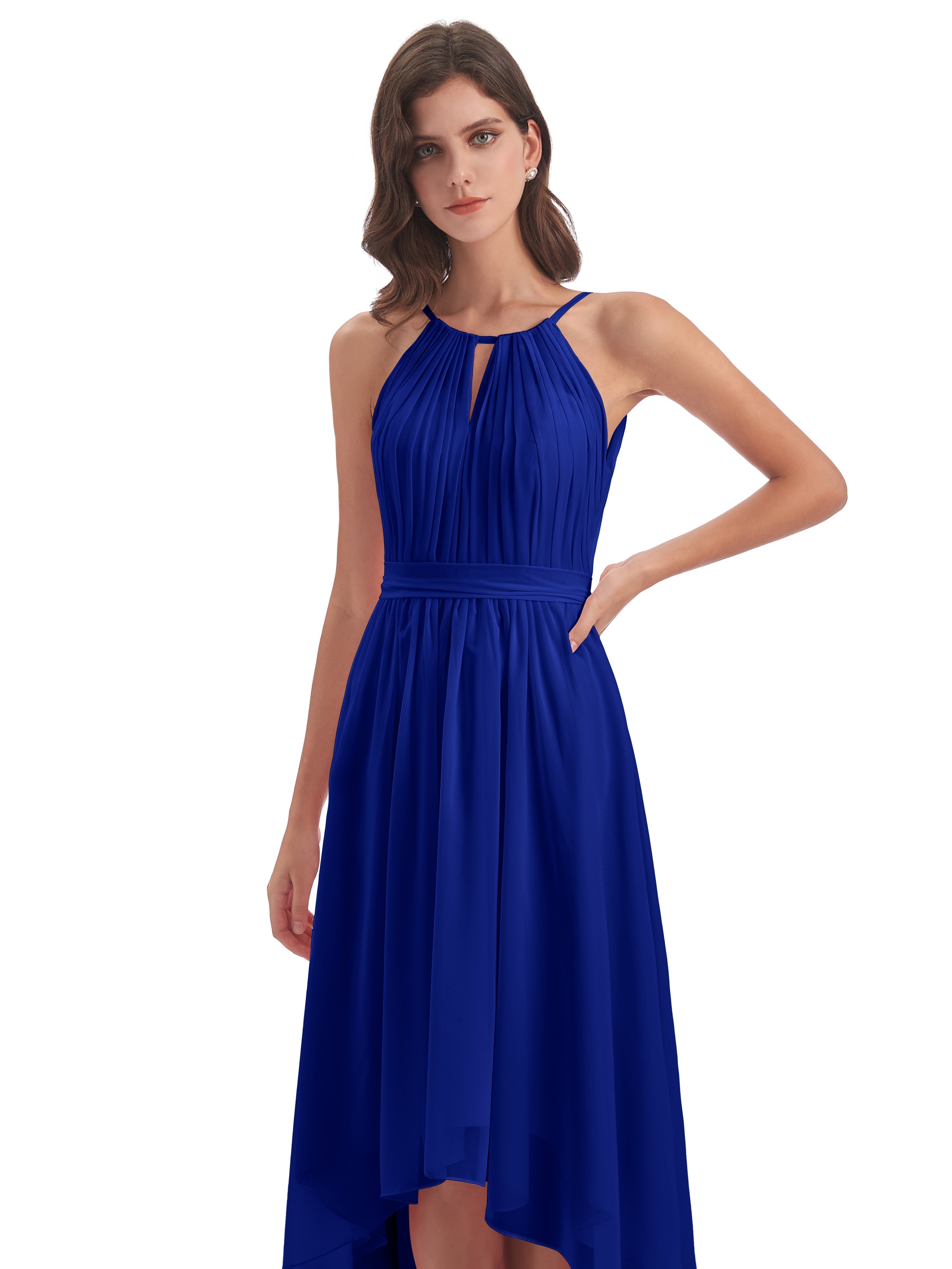 Robe Bleu Roi Demoiselle D Honneur Asymétrique Haute Basse Licou Mousseline Robes Demoiselle D'Honneur