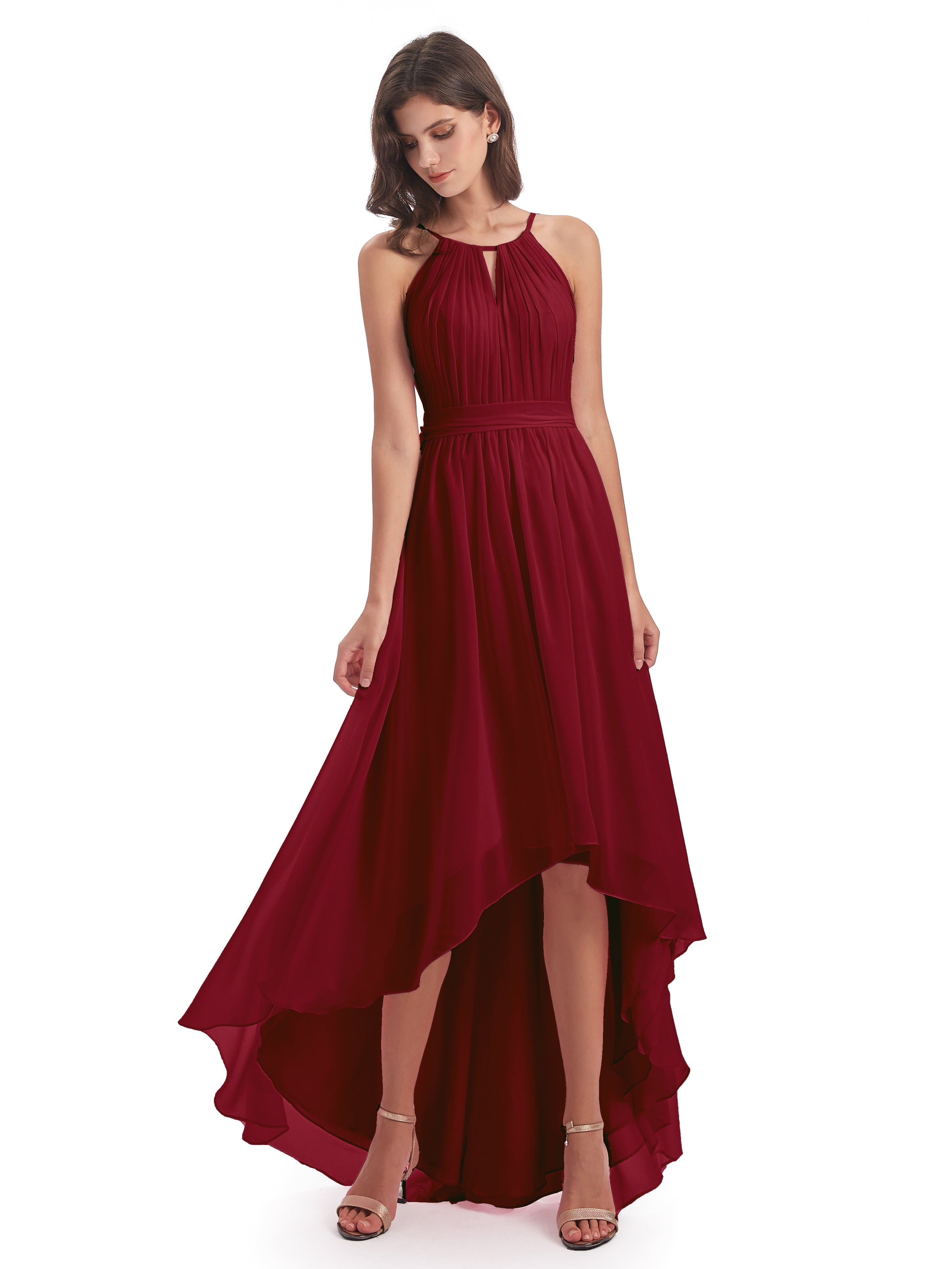 Robe Bordeaux Demoiselle D Honneur Asymétrique Haute Basse Licou Mousseline Robes Demoiselle D'Honneur