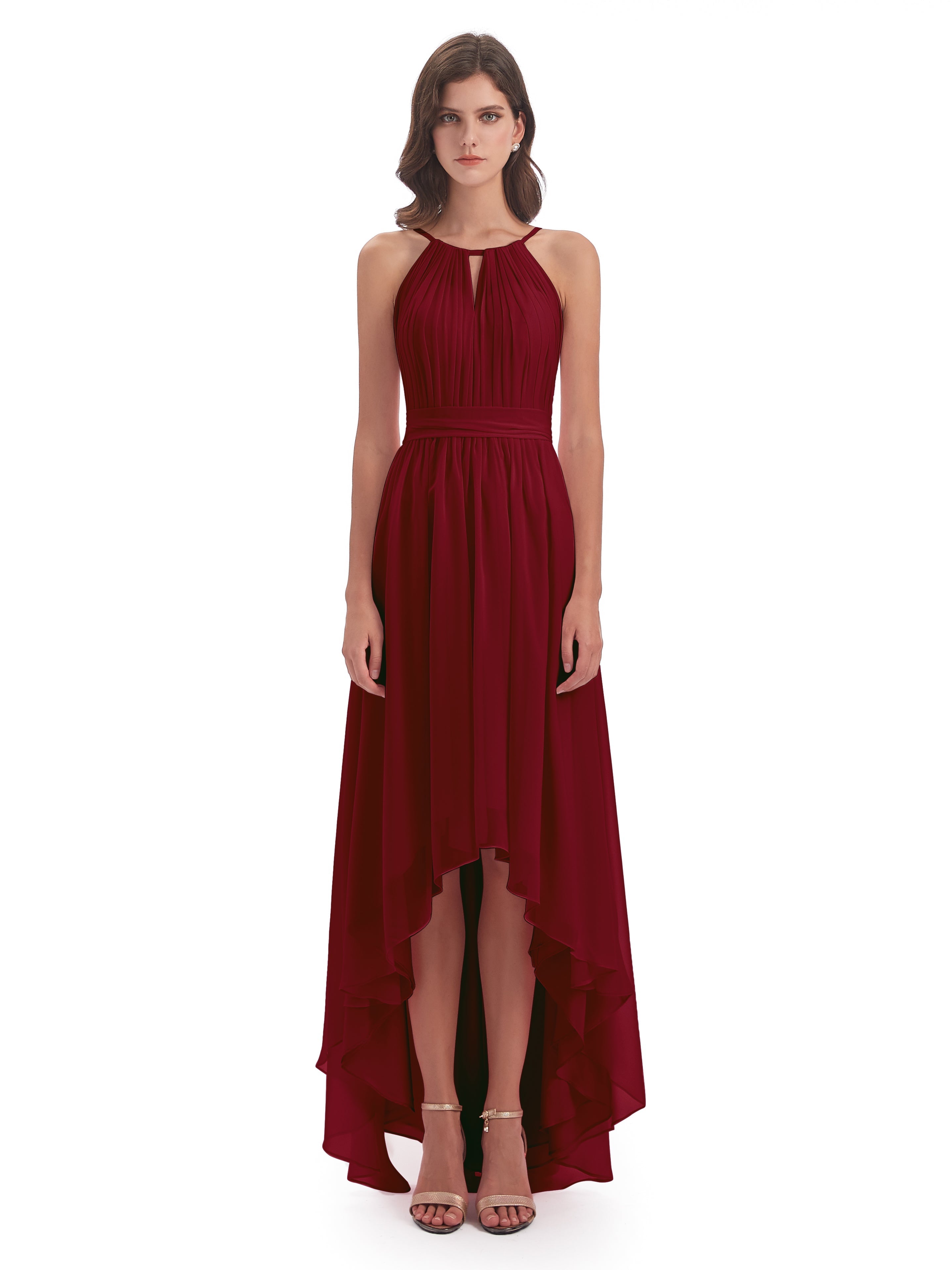 Robe Bordeaux Demoiselle D Honneur Asymétrique Haute Basse Licou Mousseline Robes Demoiselle D'Honneur