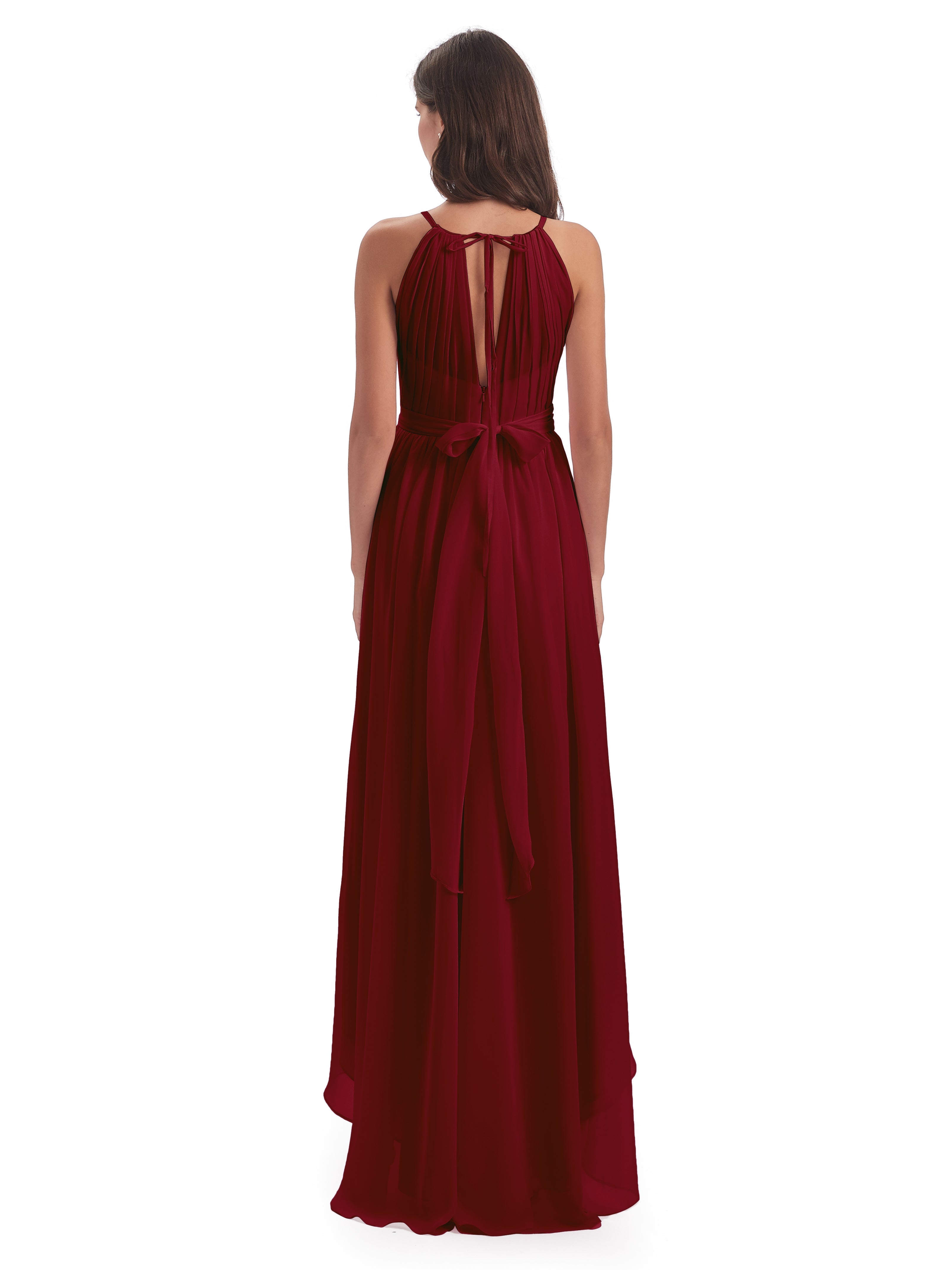 Robe Bordeaux Demoiselle D Honneur Asymétrique Haute Basse Licou Mousseline Robes Demoiselle D'Honneur