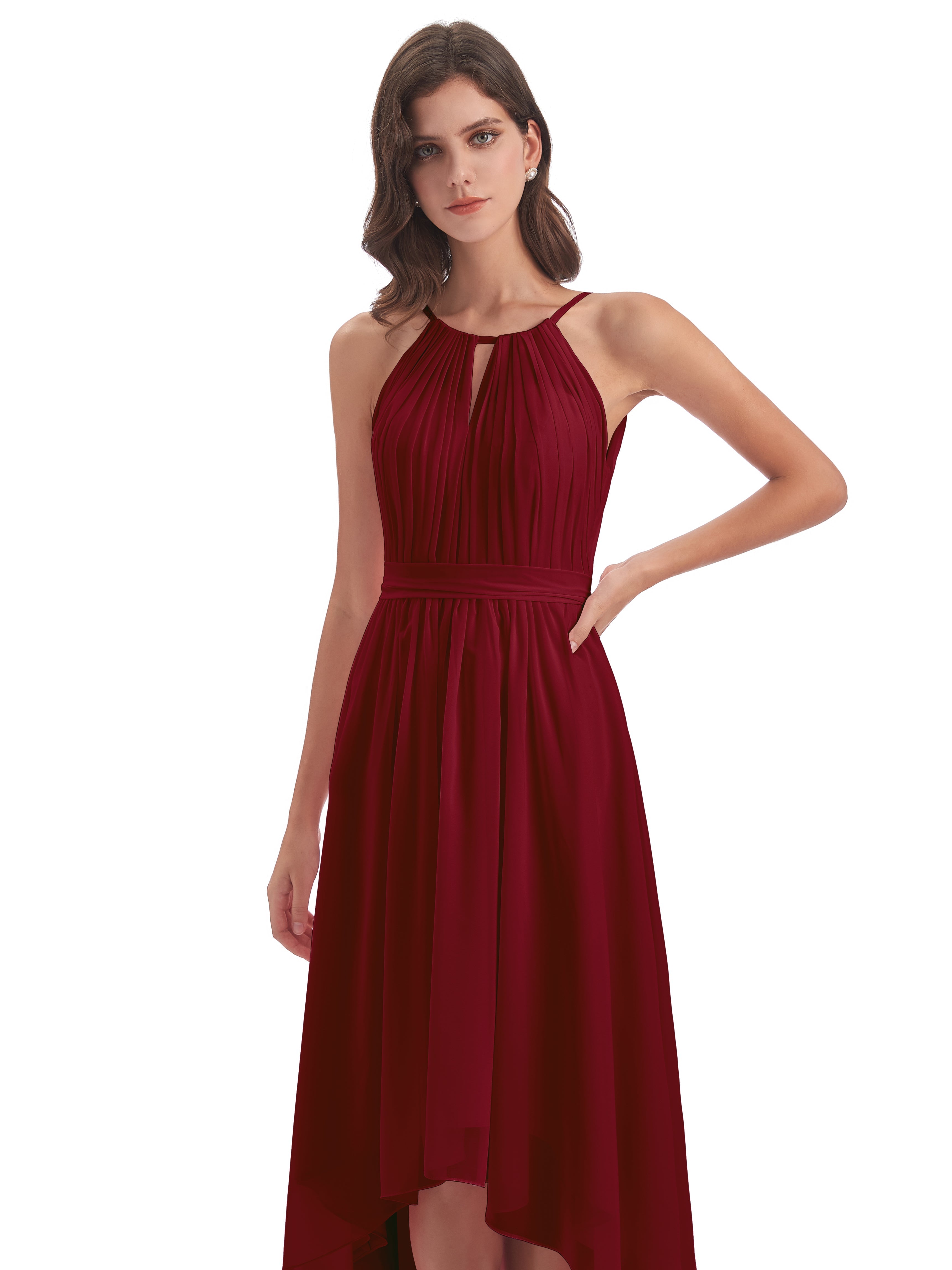Robe Bordeaux Demoiselle D Honneur Asymétrique Haute Basse Licou Mousseline Robes Demoiselle D'Honneur
