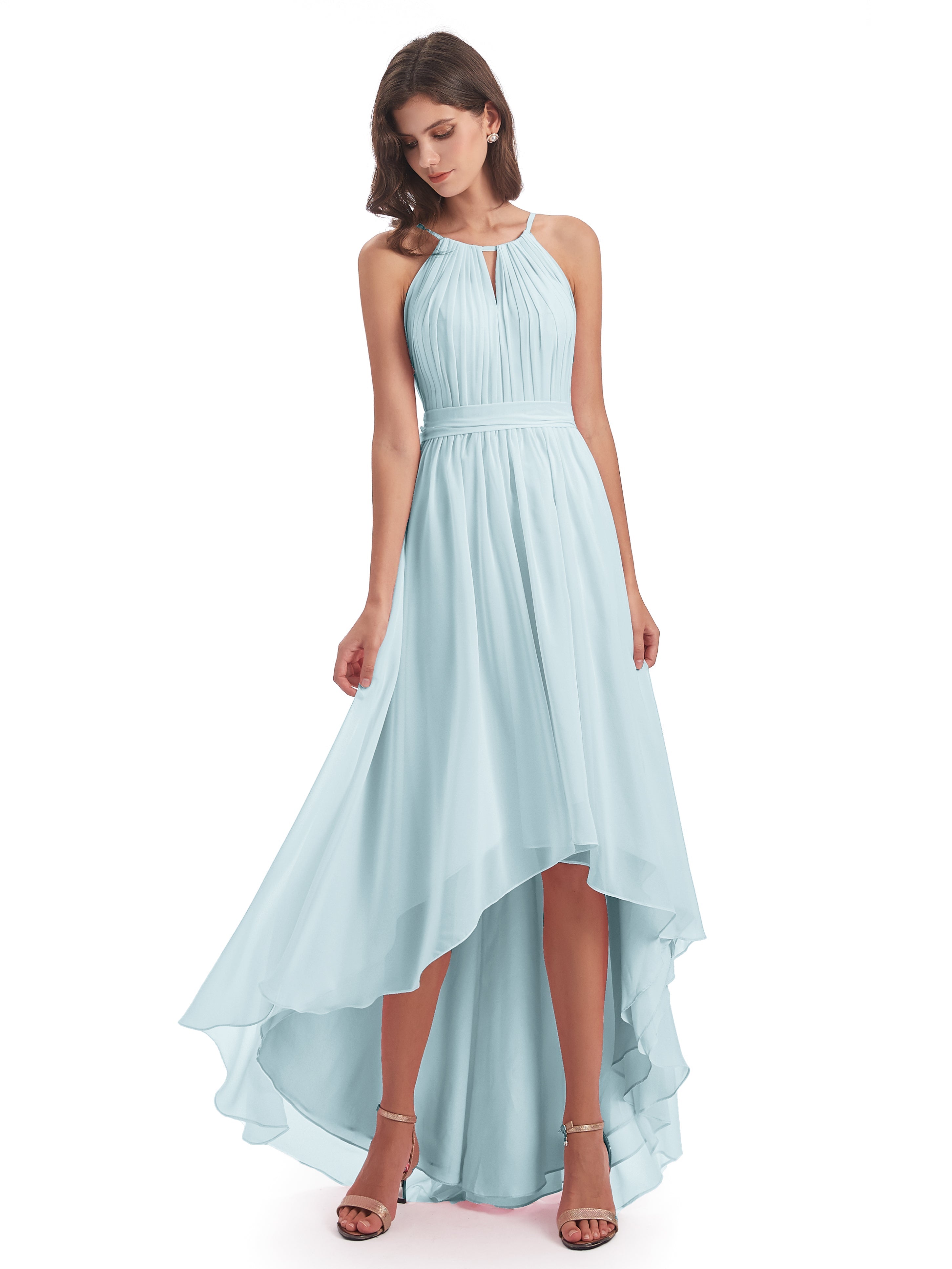 Robe De Demoiselle D'Honneur Brume Asymétrique Haute Basse Licou Mousseline Robes Demoiselle D'Honneur