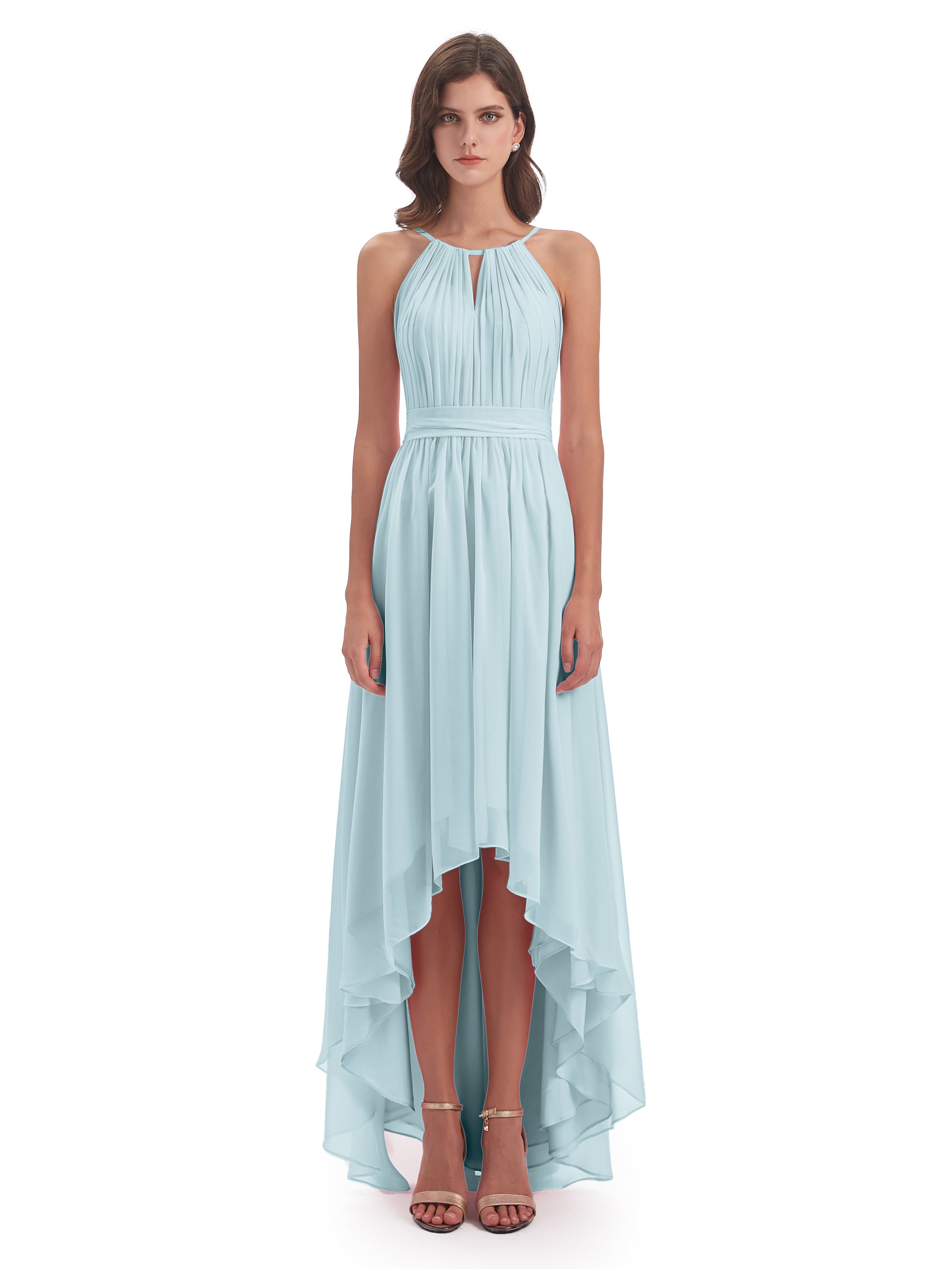Robe De Demoiselle D'Honneur Brume Asymétrique Haute Basse Licou Mousseline Robes Demoiselle D'Honneur
