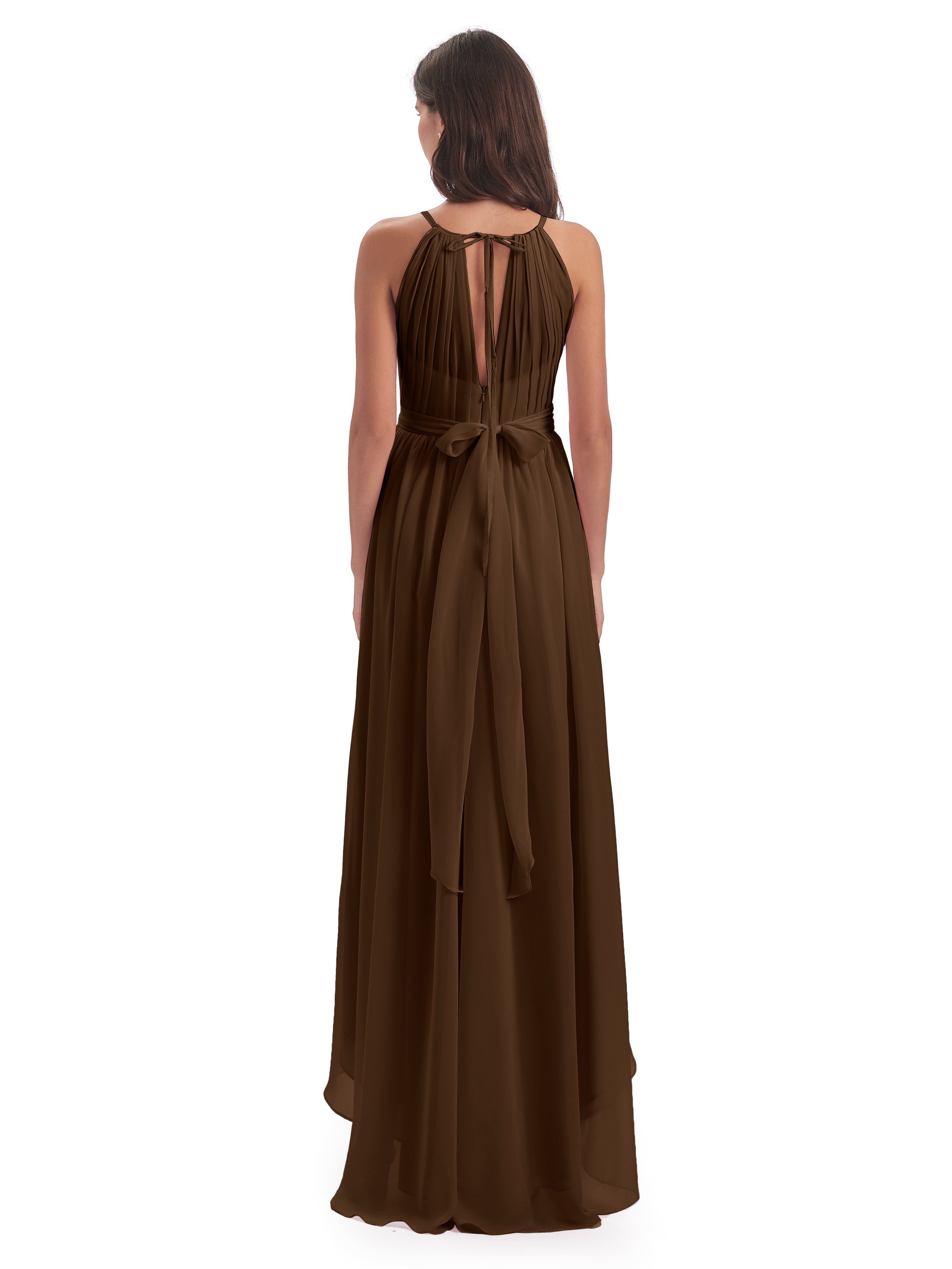 Robe Demoiselle D Honneur Brun Asymétrique Haute Basse Licou Mousseline Robes Demoiselle D'Honneur
