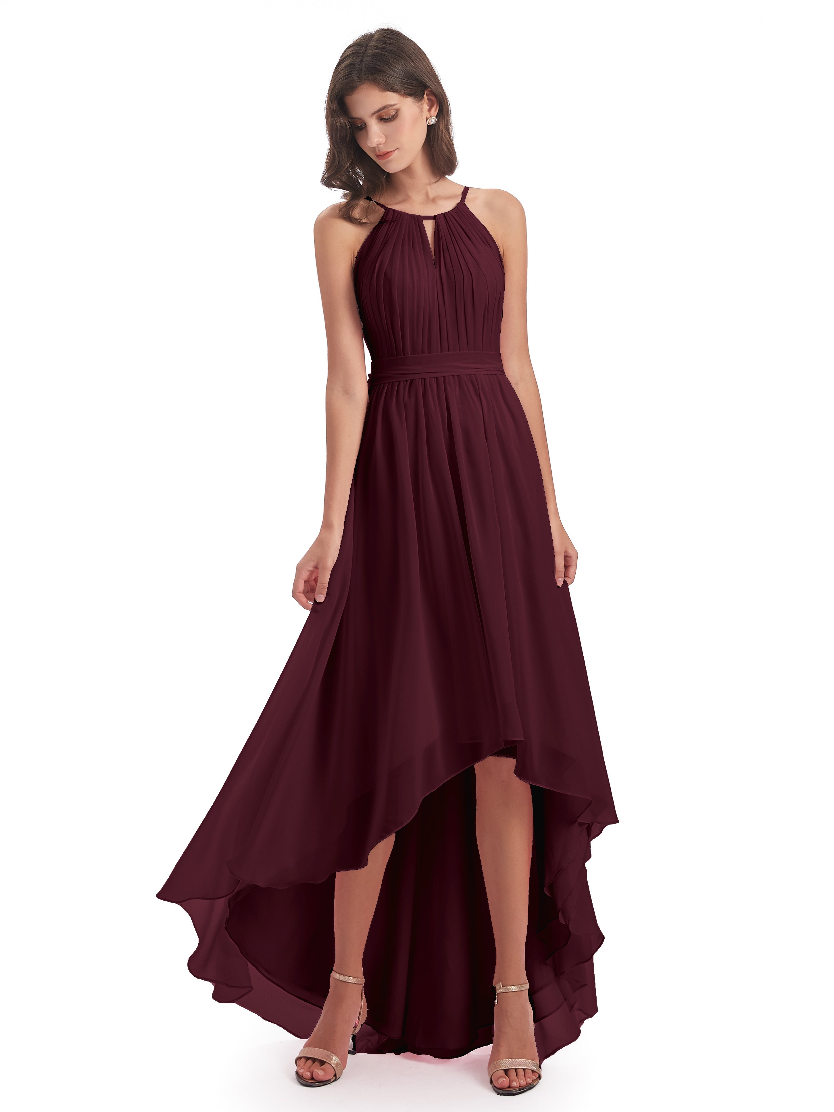 Robes De Demoiselle D'Honneur Cabernet Asymétrique Haute Basse Licou Mousseline Robes Demoiselle D'Honneur