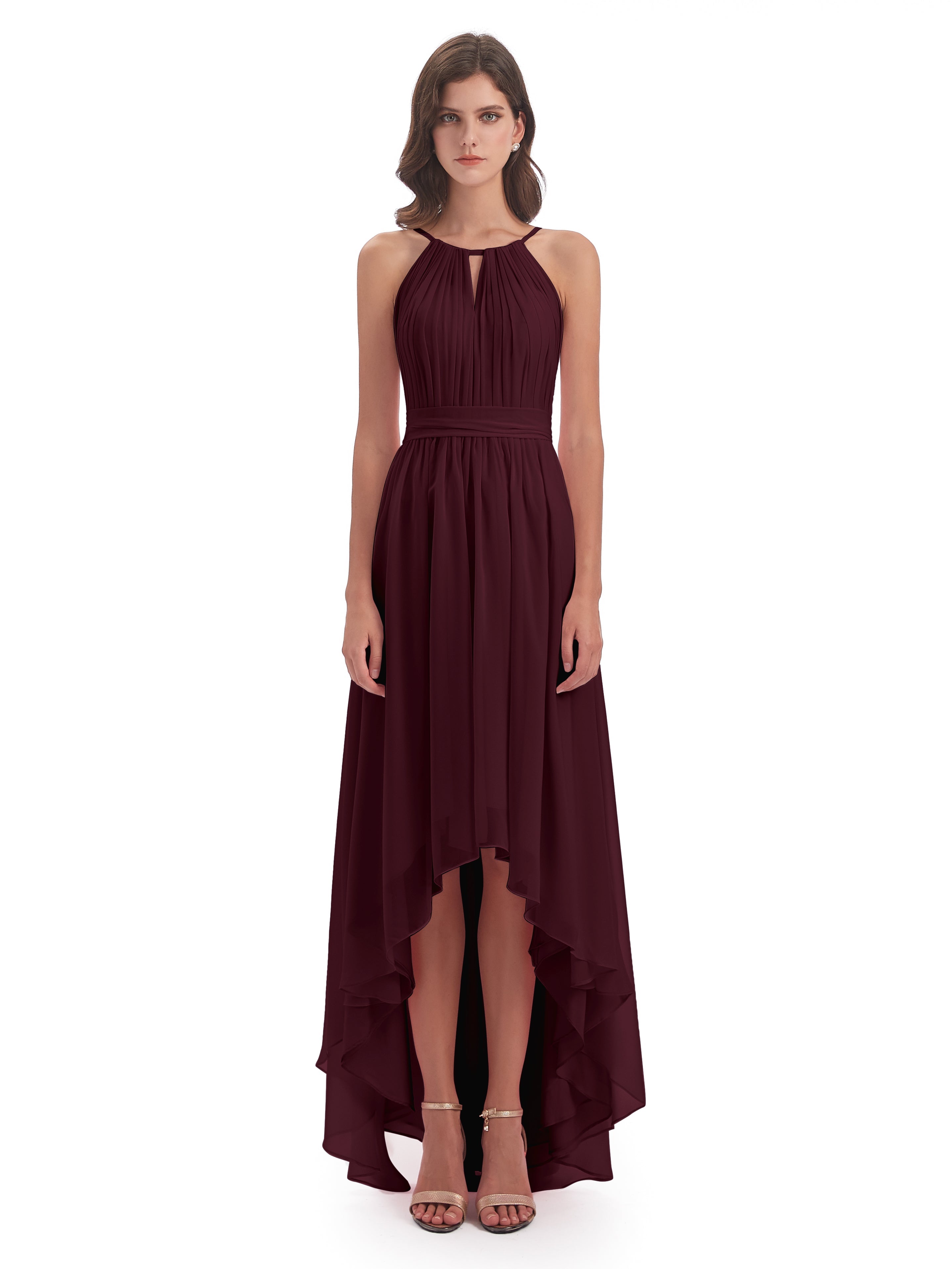 Robes De Demoiselle D'Honneur Cabernet Asymétrique Haute Basse Licou Mousseline Robes Demoiselle D'Honneur