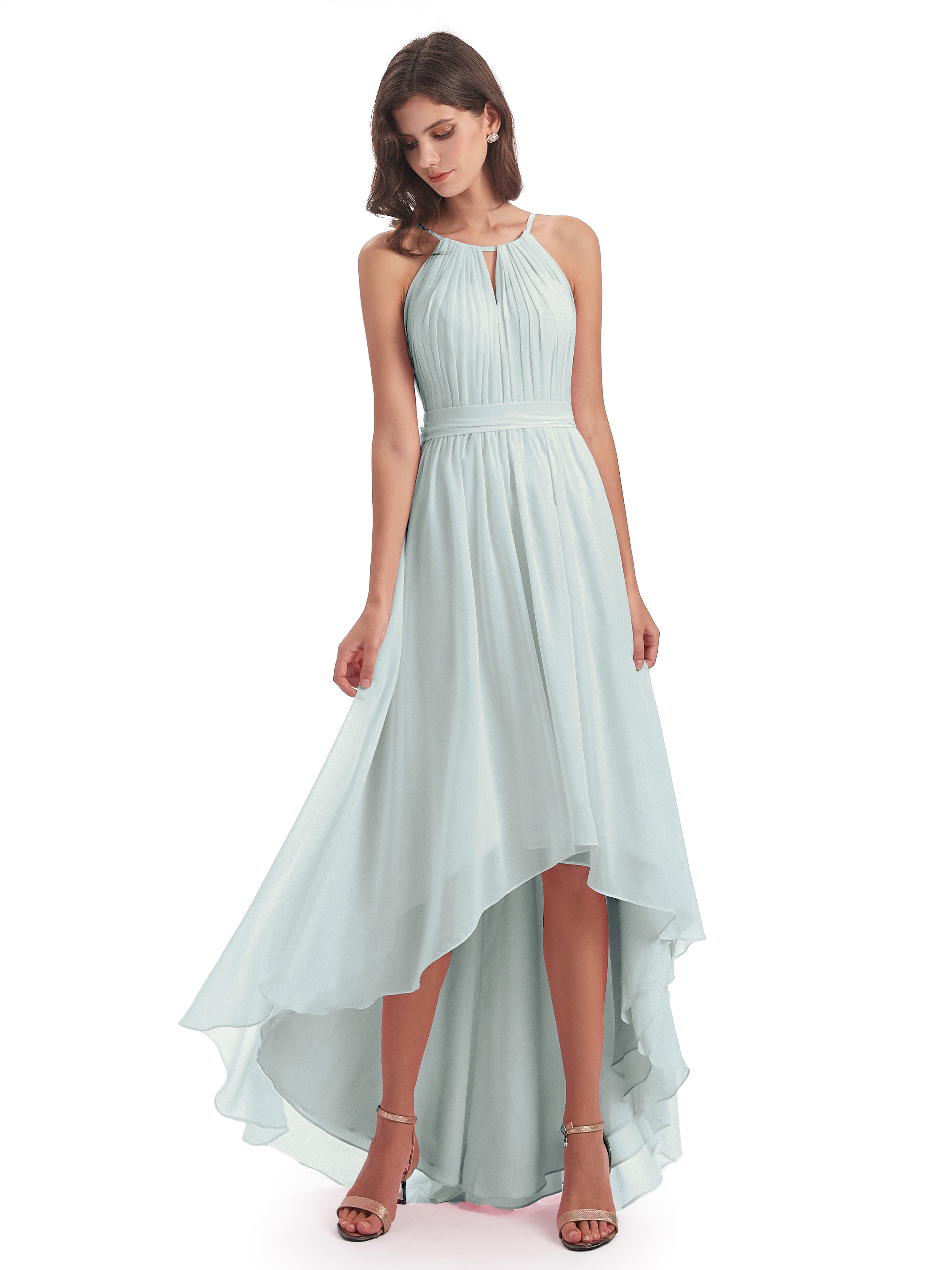 Robe Demoiselle D Honneur Celadon Asymétrique Haute Basse Licou Mousseline Robes Demoiselle D'Honneur