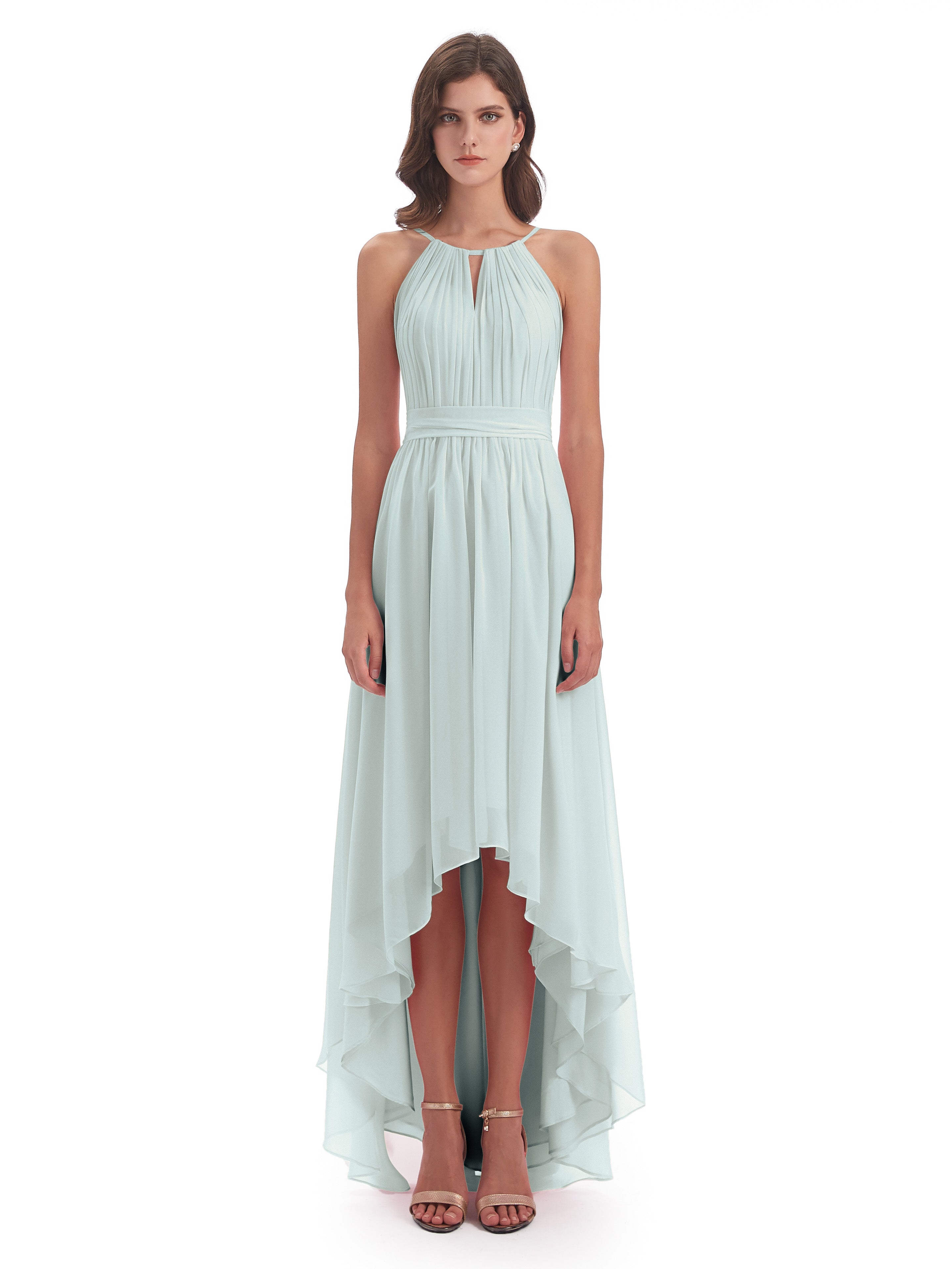 Robe Demoiselle D Honneur Celadon Asymétrique Haute Basse Licou Mousseline Robes Demoiselle D'Honneur