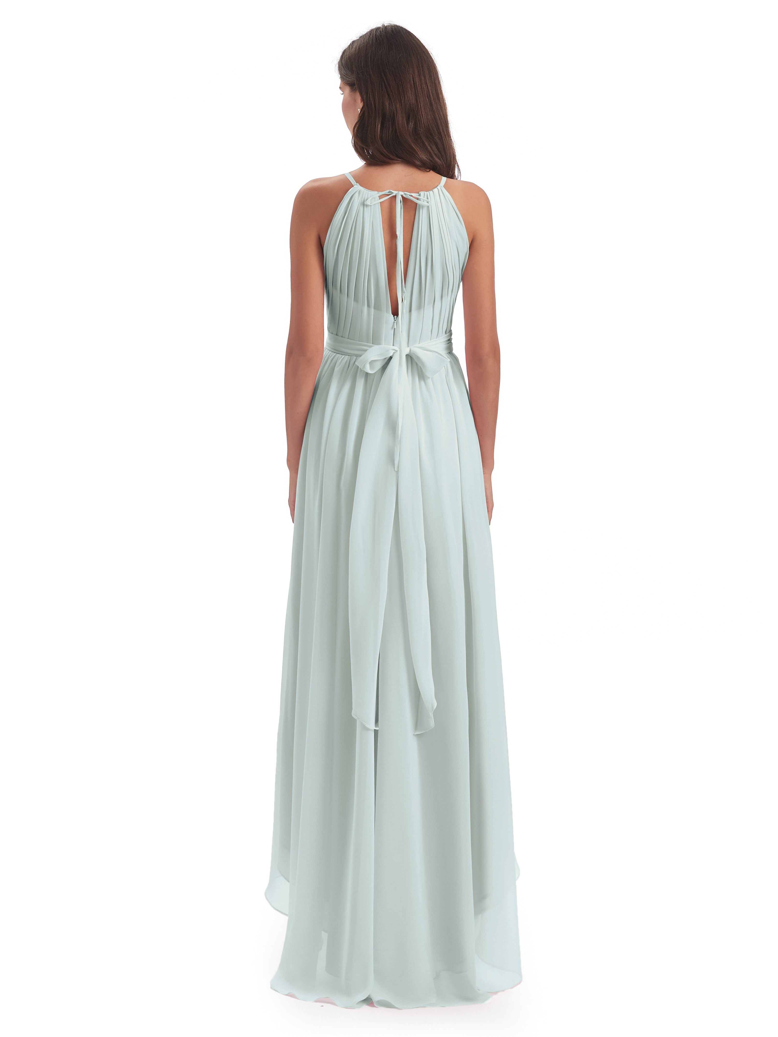 Robe Demoiselle D Honneur Celadon Asymétrique Haute Basse Licou Mousseline Robes Demoiselle D'Honneur