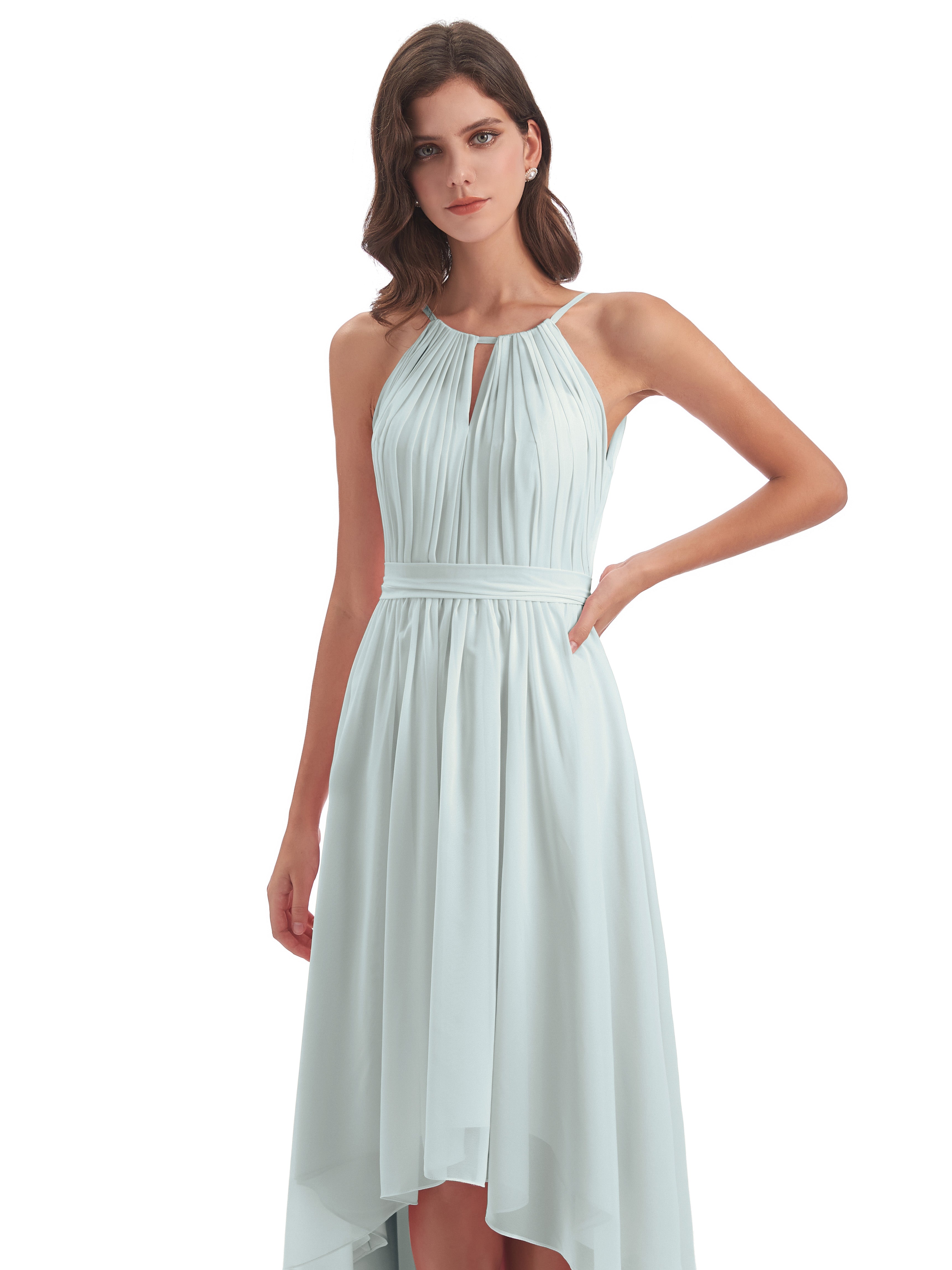 Robe Demoiselle D Honneur Celadon Asymétrique Haute Basse Licou Mousseline Robes Demoiselle D'Honneur