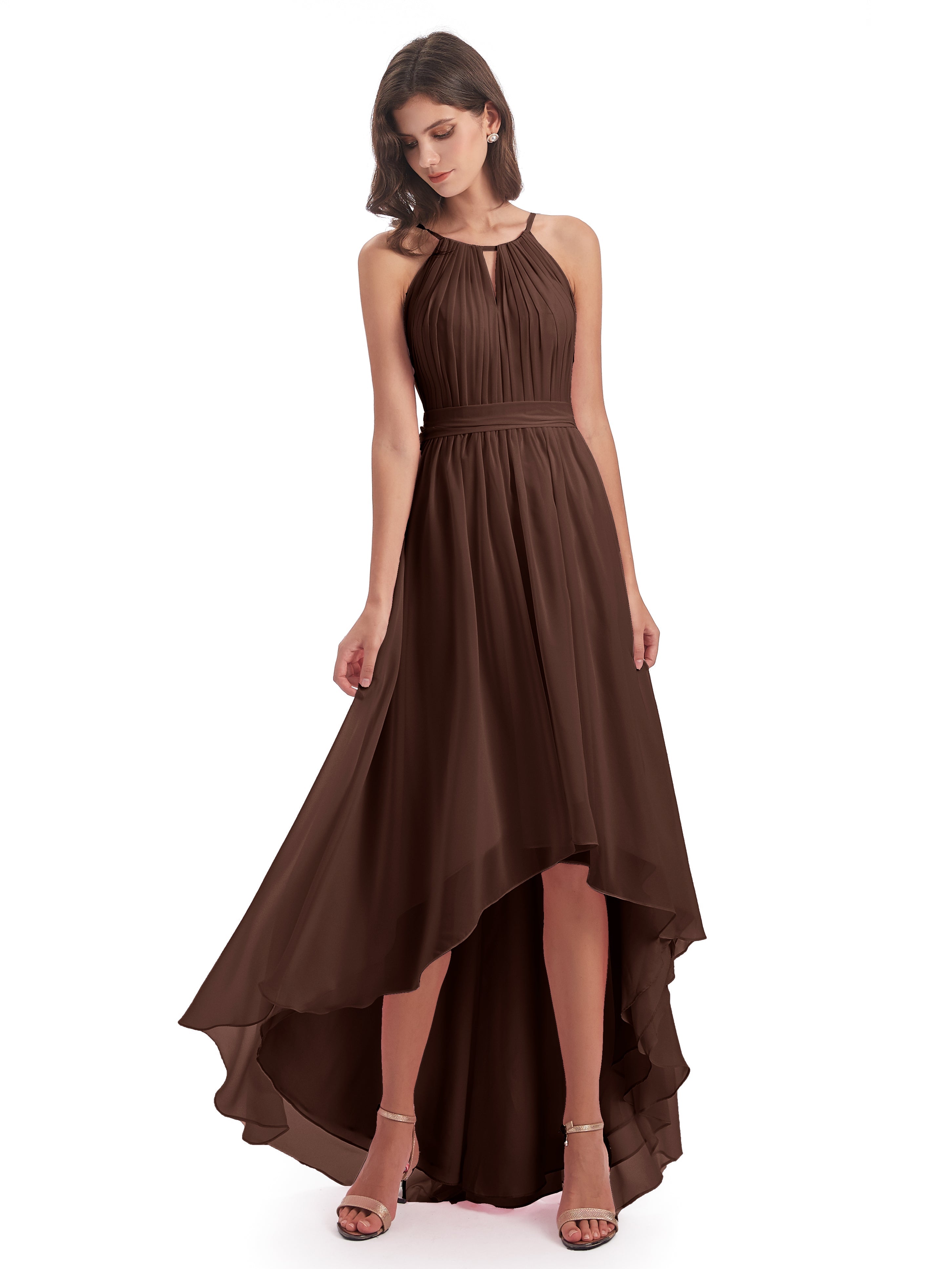 Robe Demoiselle D Honneur Chocolat Asymétrique Haute Basse Licou Mousseline Robes Demoiselle D'Honneur