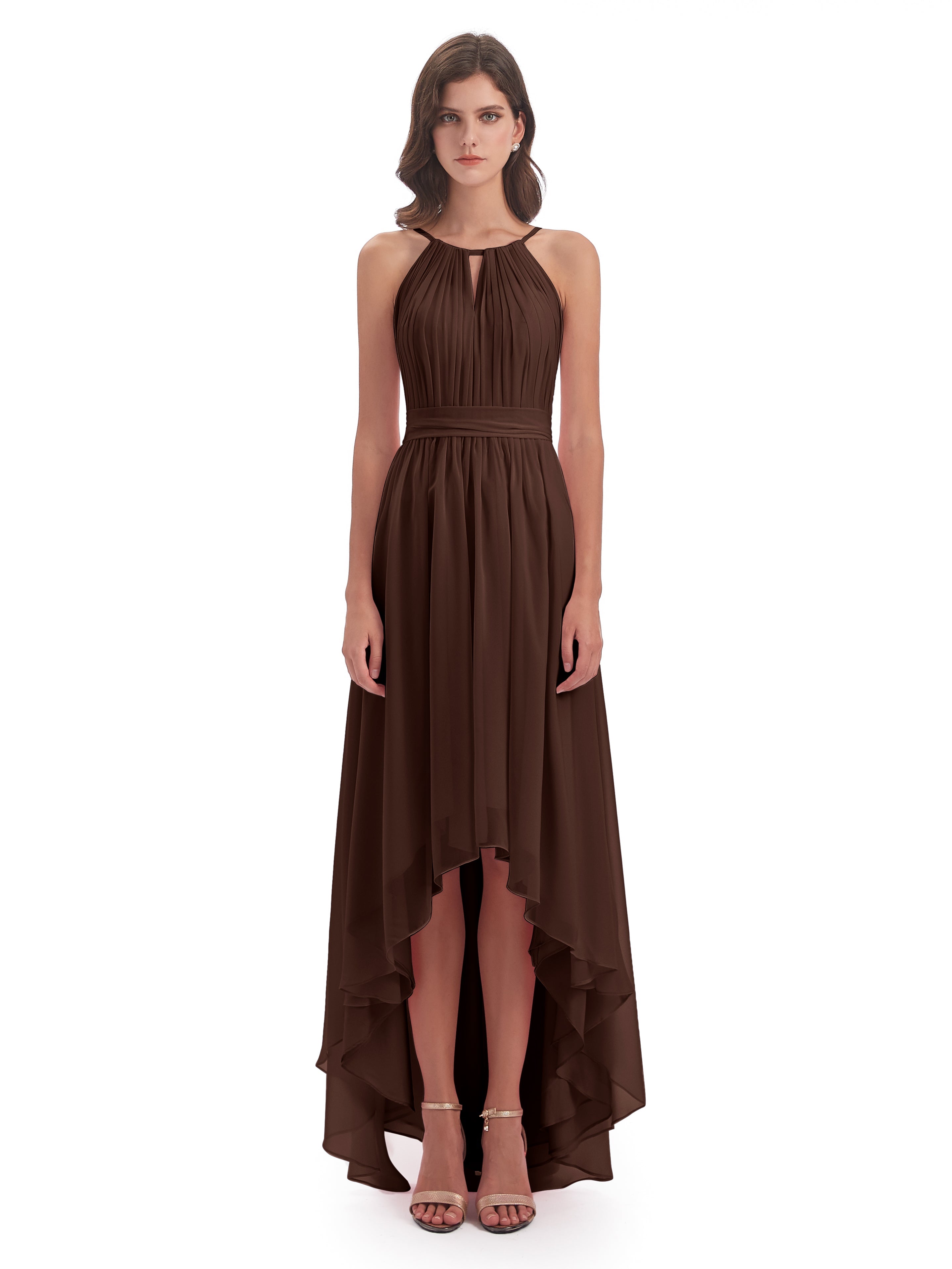 Robe Demoiselle D Honneur Chocolat Asymétrique Haute Basse Licou Mousseline Robes Demoiselle D'Honneur