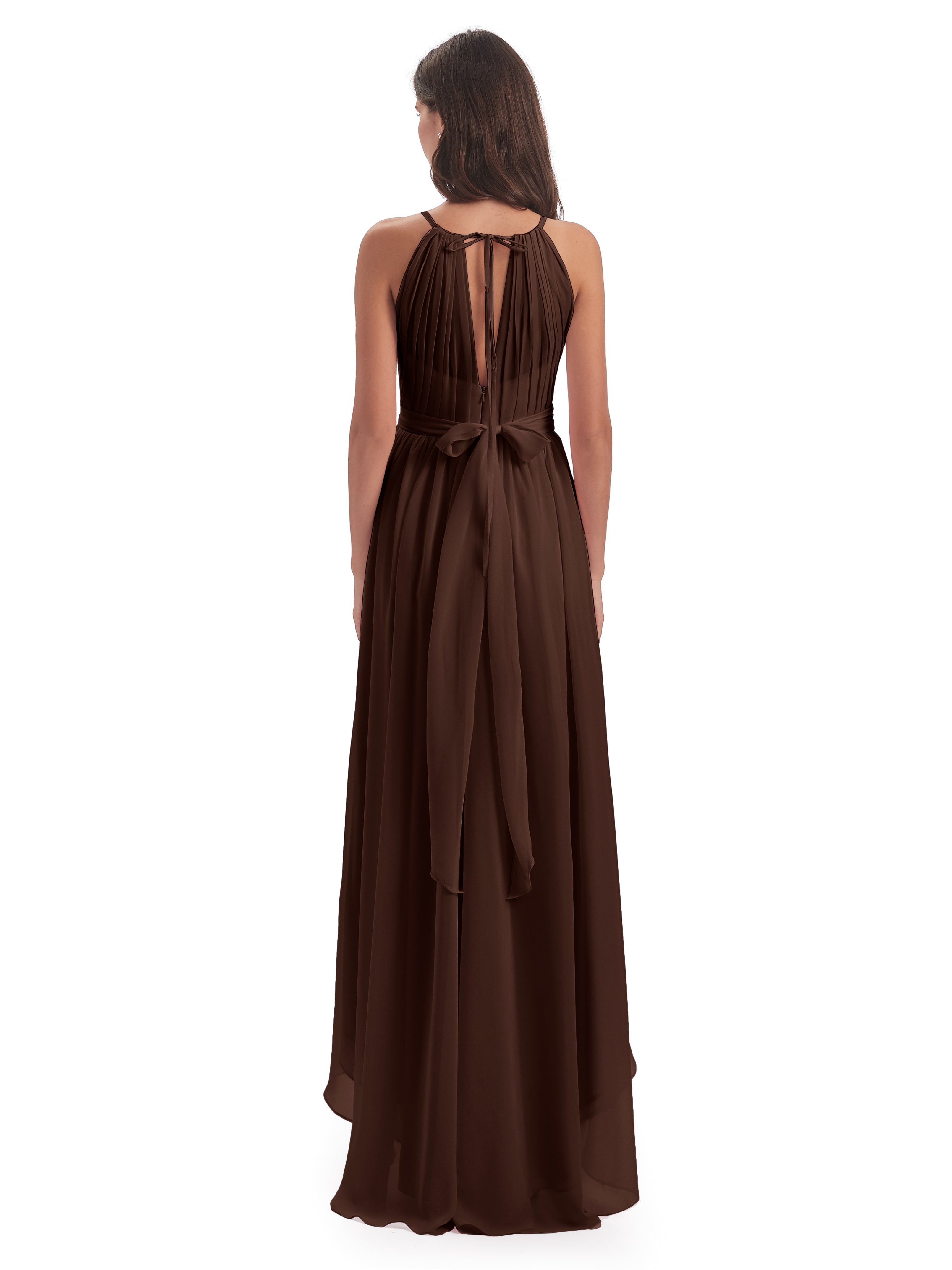 Robe Demoiselle D Honneur Chocolat Asymétrique Haute Basse Licou Mousseline Robes Demoiselle D'Honneur