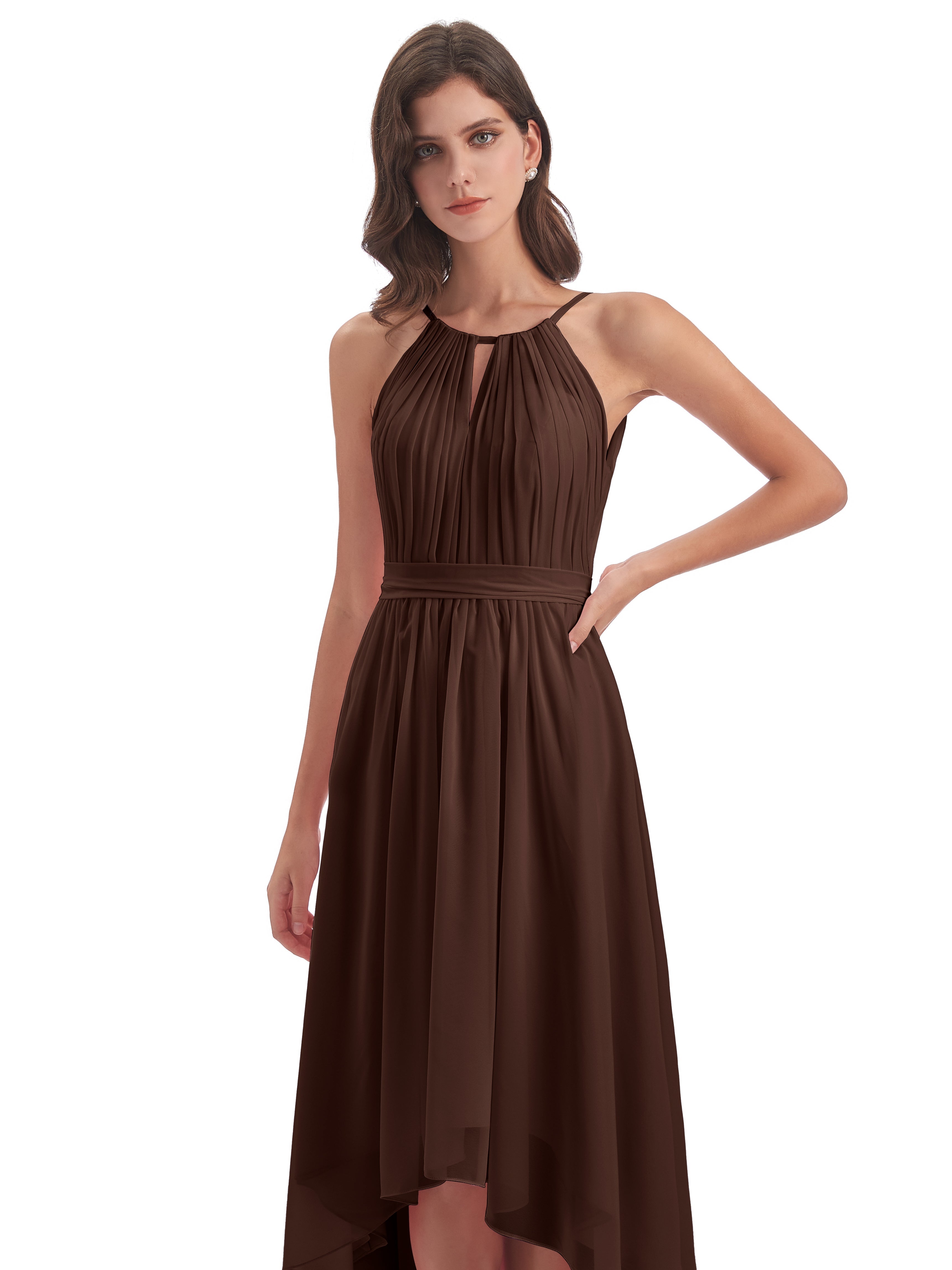 Robe Demoiselle D Honneur Chocolat Asymétrique Haute Basse Licou Mousseline Robes Demoiselle D'Honneur