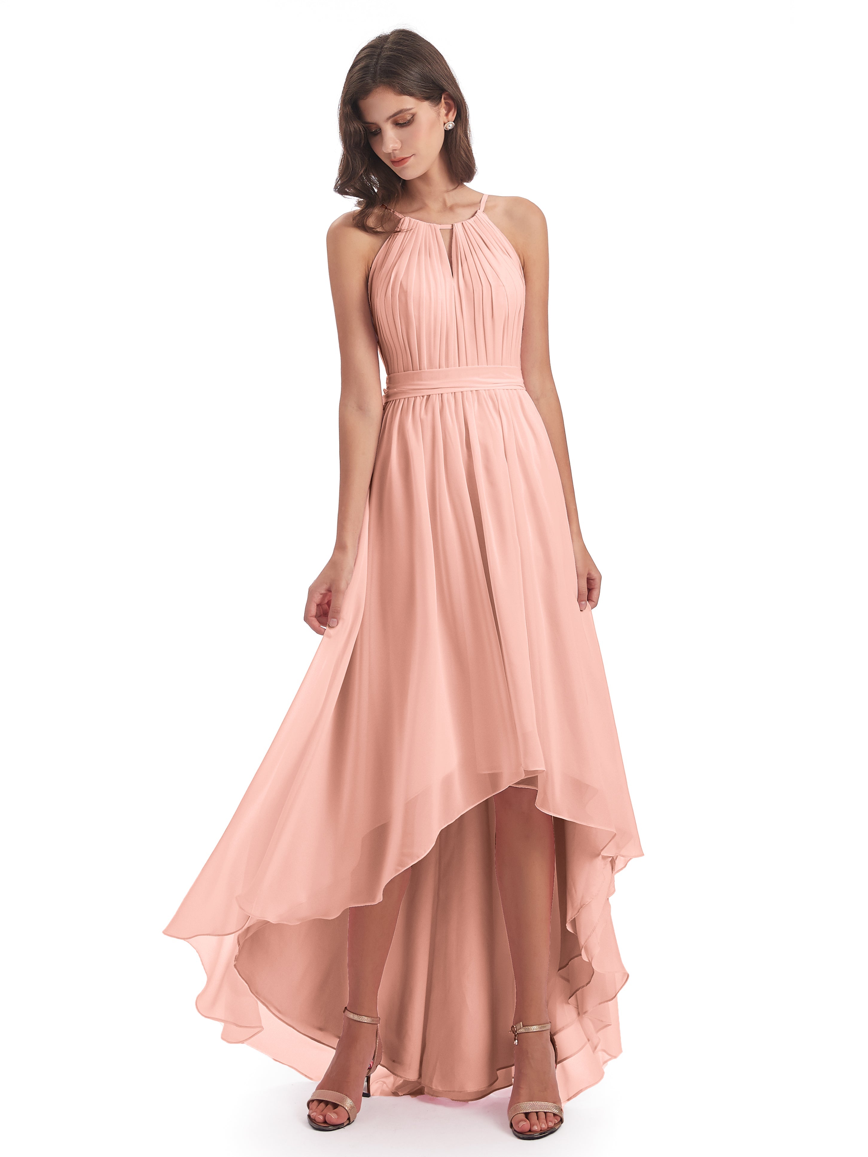 Robe Demoiselle Dhonneur Corail Asymétrique Haute Basse Licou Mousseline Robes Demoiselle D'Honneur