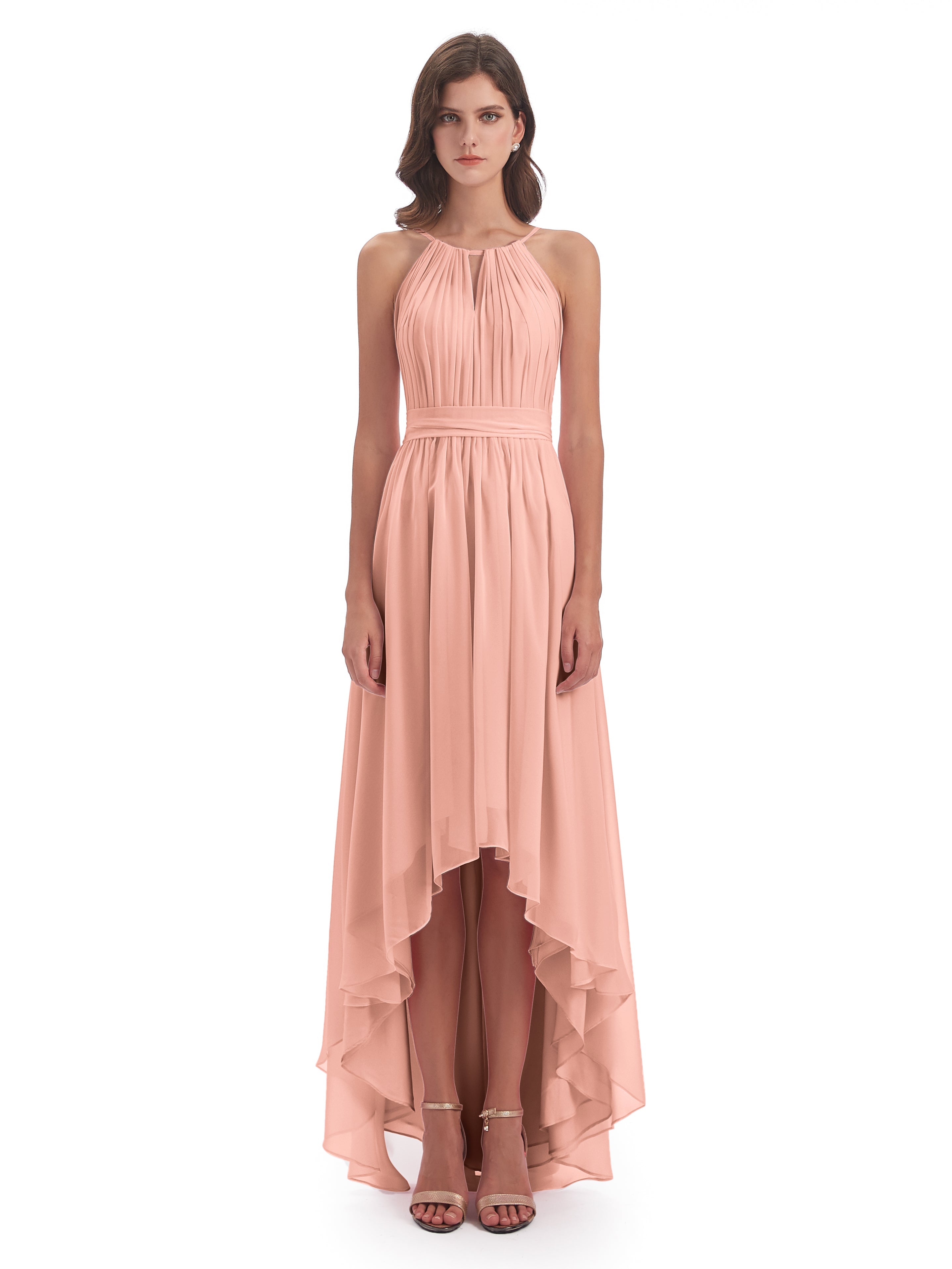 Robe Demoiselle Dhonneur Corail Asymétrique Haute Basse Licou Mousseline Robes Demoiselle D'Honneur