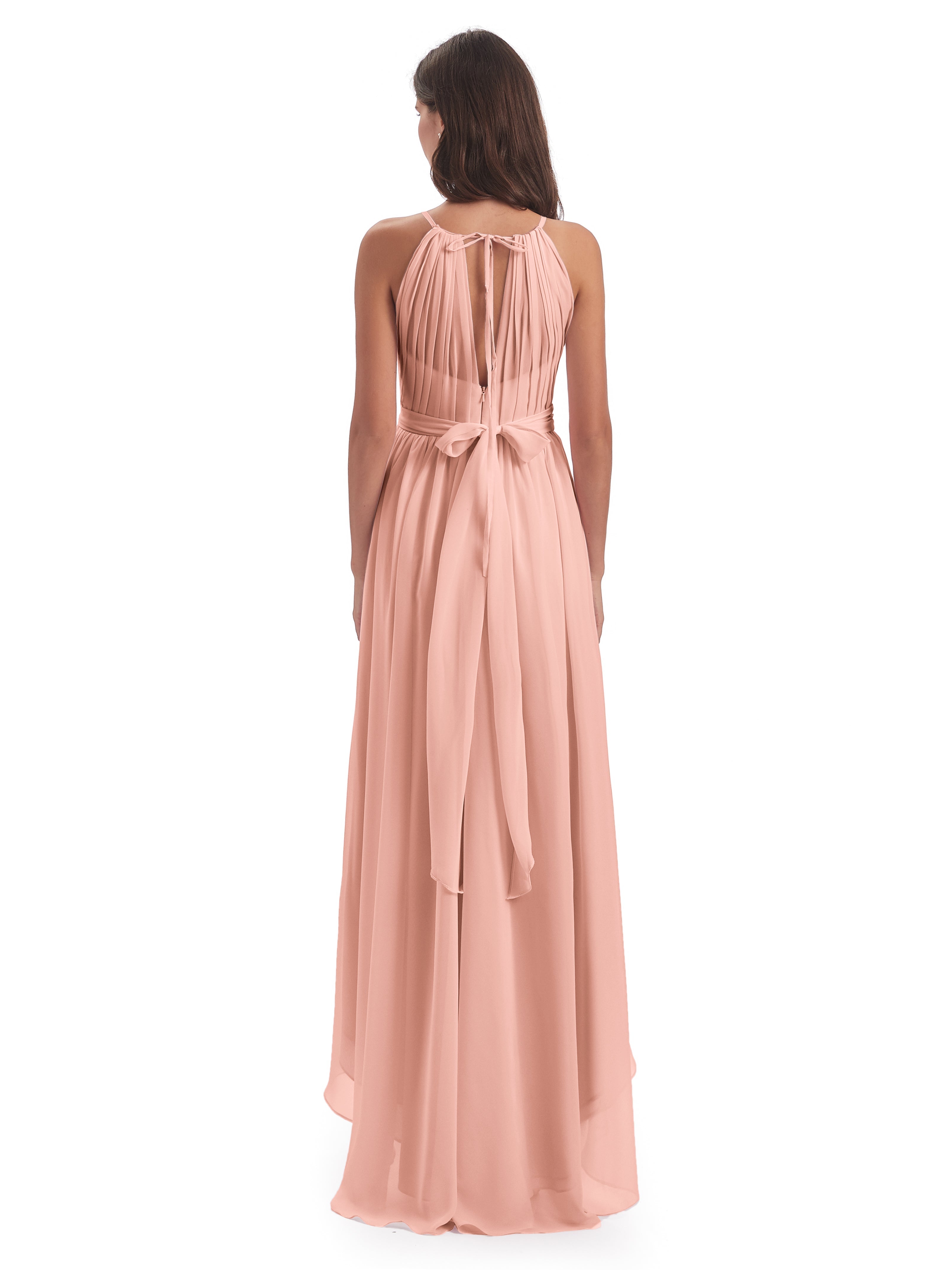 Robe Demoiselle Dhonneur Corail Asymétrique Haute Basse Licou Mousseline Robes Demoiselle D'Honneur