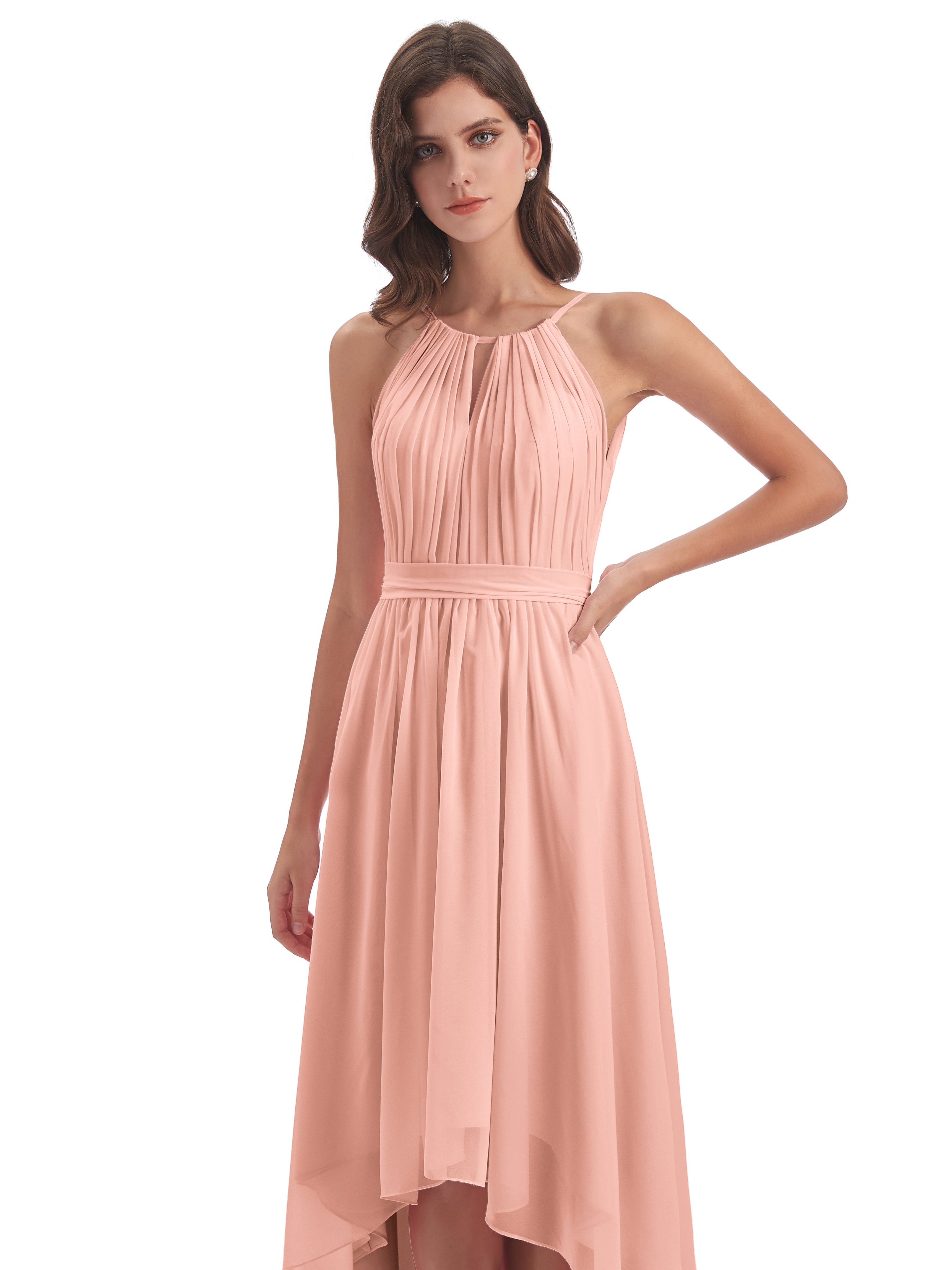 Robe Demoiselle Dhonneur Corail Asymétrique Haute Basse Licou Mousseline Robes Demoiselle D'Honneur