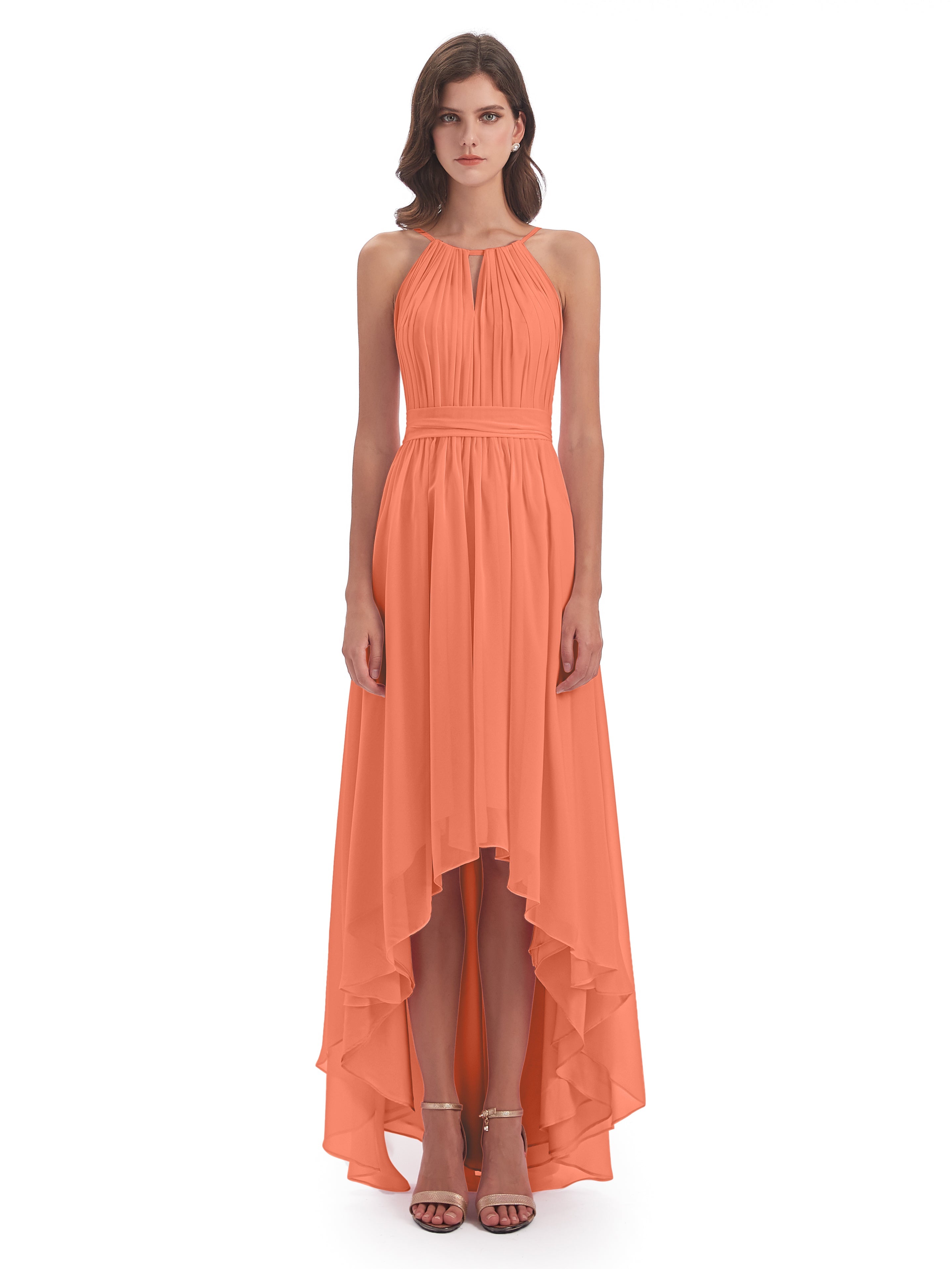 Robes De Demoiselle D'Honneur Coucher De Soleil Asymétrique Haute Basse Licou Mousseline Robes Demoiselle D'Honneur