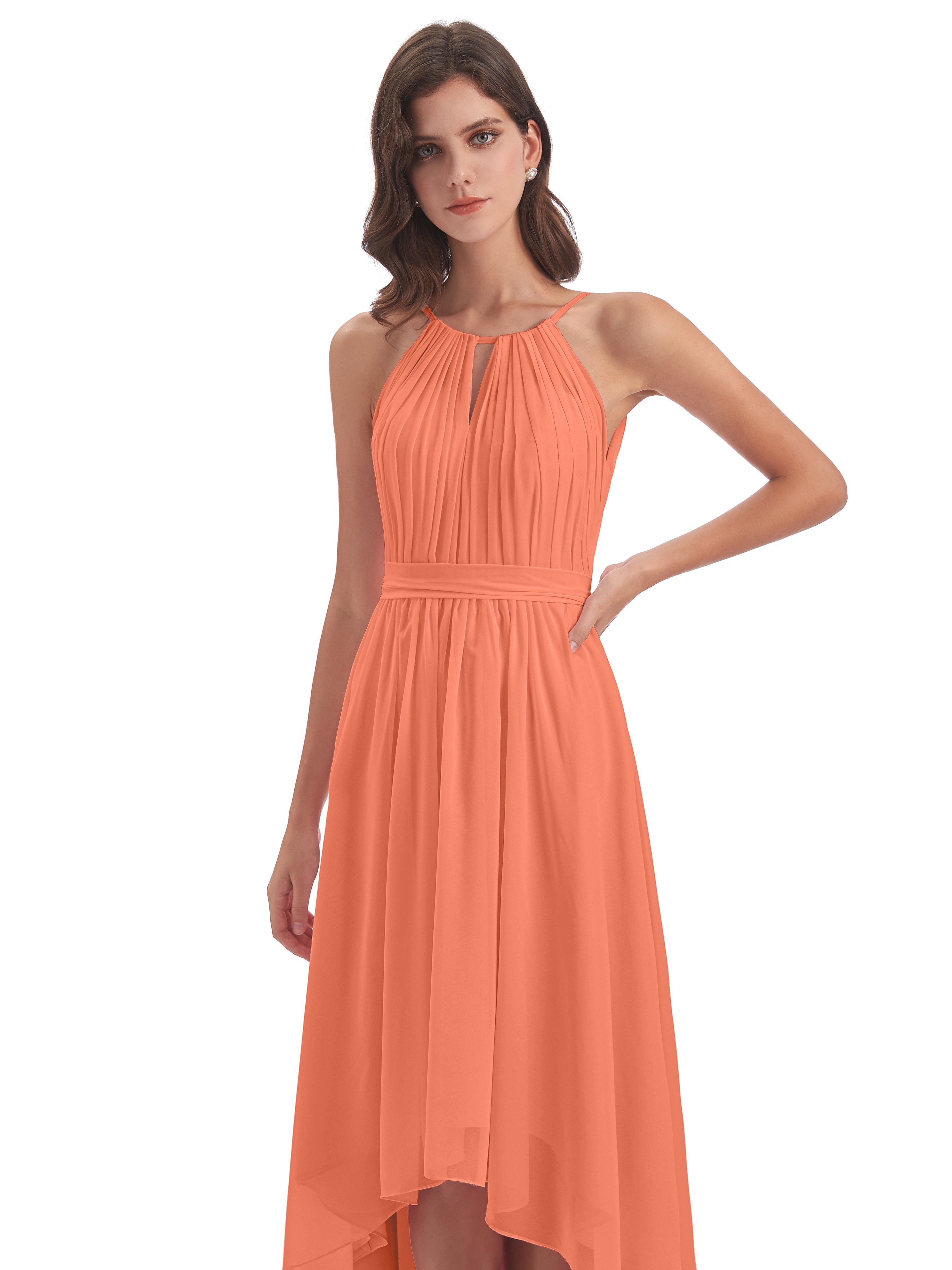 Robes De Demoiselle D'Honneur Coucher De Soleil Asymétrique Haute Basse Licou Mousseline Robes Demoiselle D'Honneur