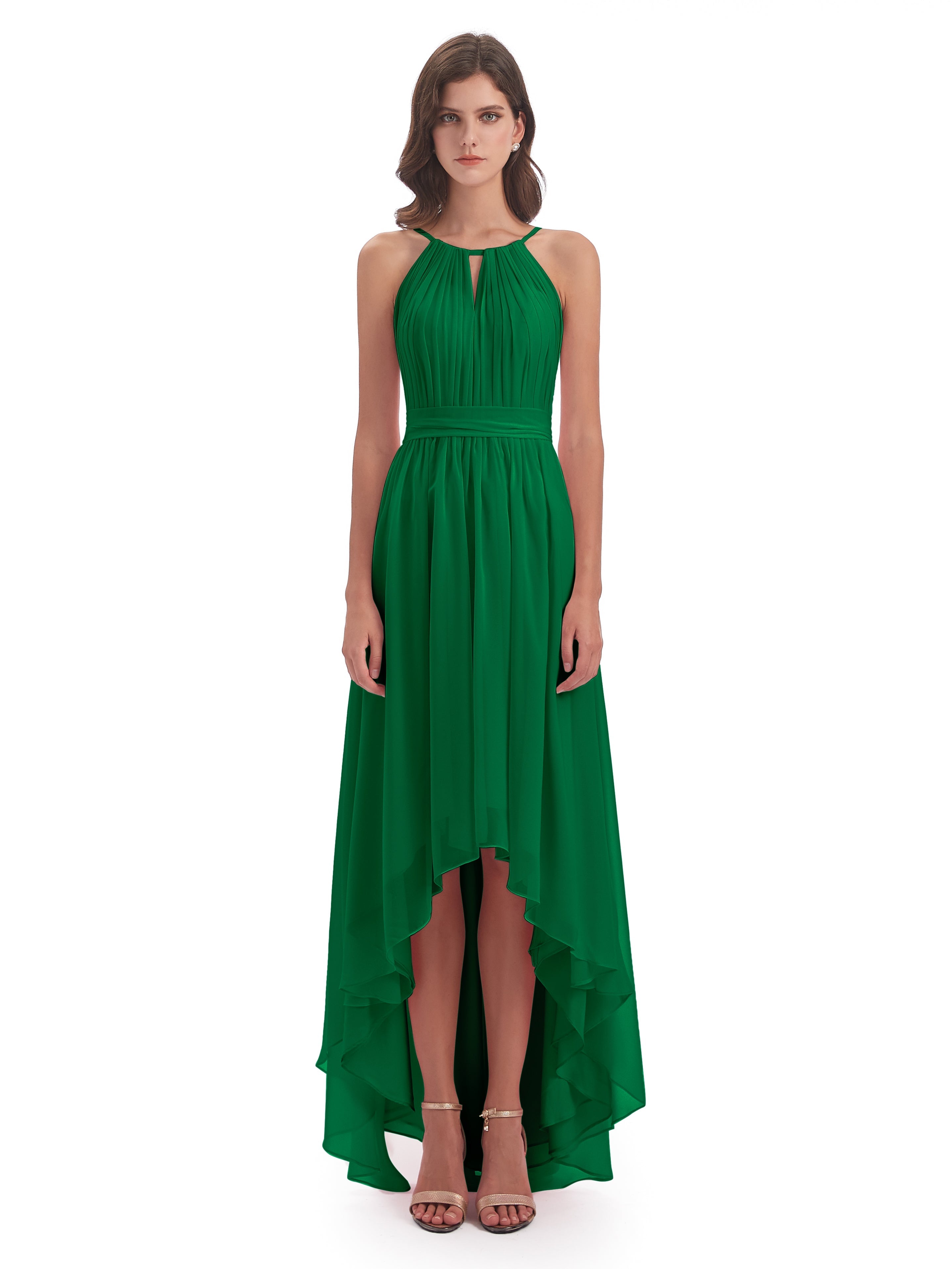 Robe Demoiselle D Honneur Emeraude Asymétrique Haute Basse Licou Mousseline Robes Demoiselle D'Honneur