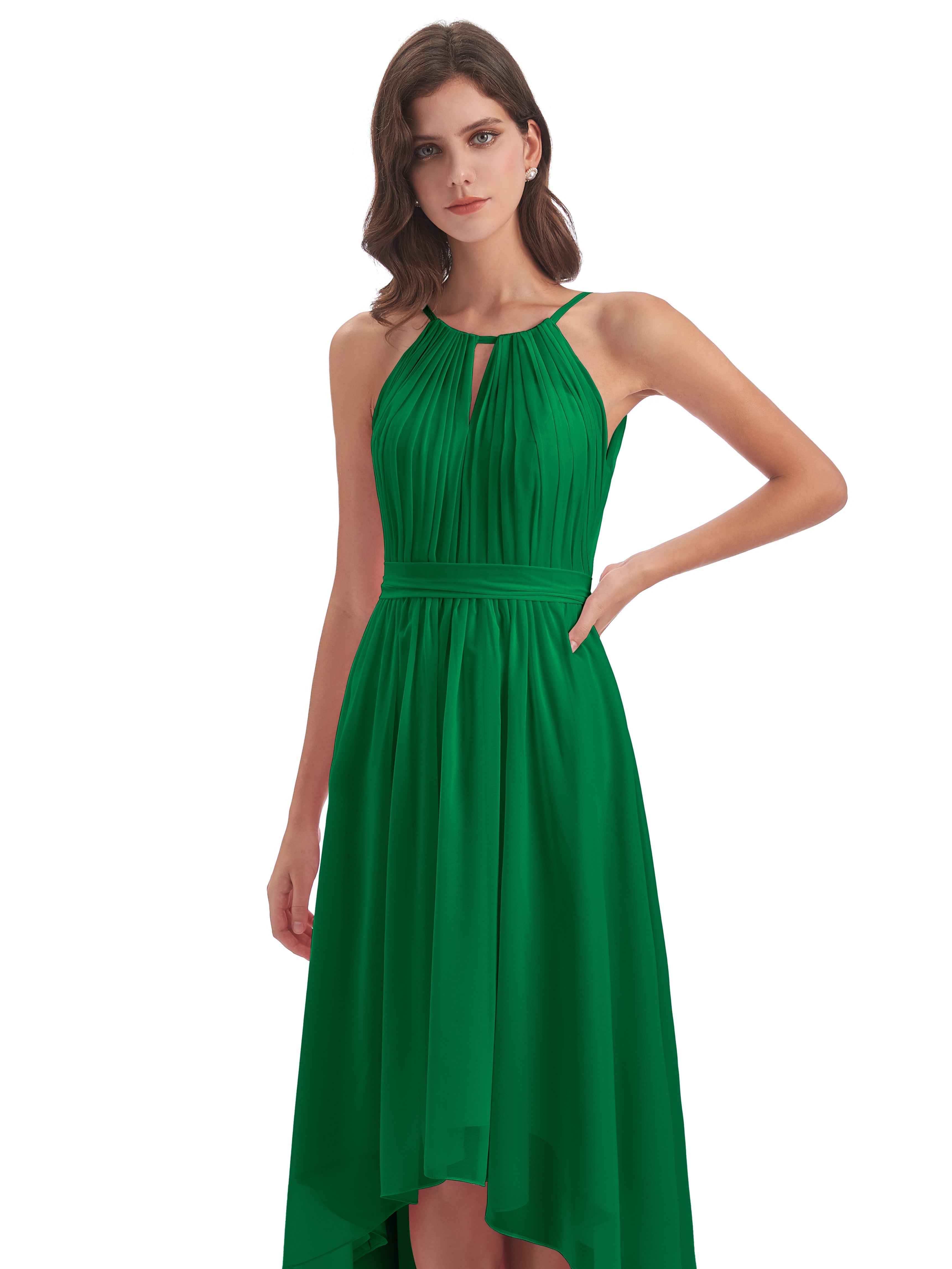 Robe Demoiselle D Honneur Emeraude Asymétrique Haute Basse Licou Mousseline Robes Demoiselle D'Honneur
