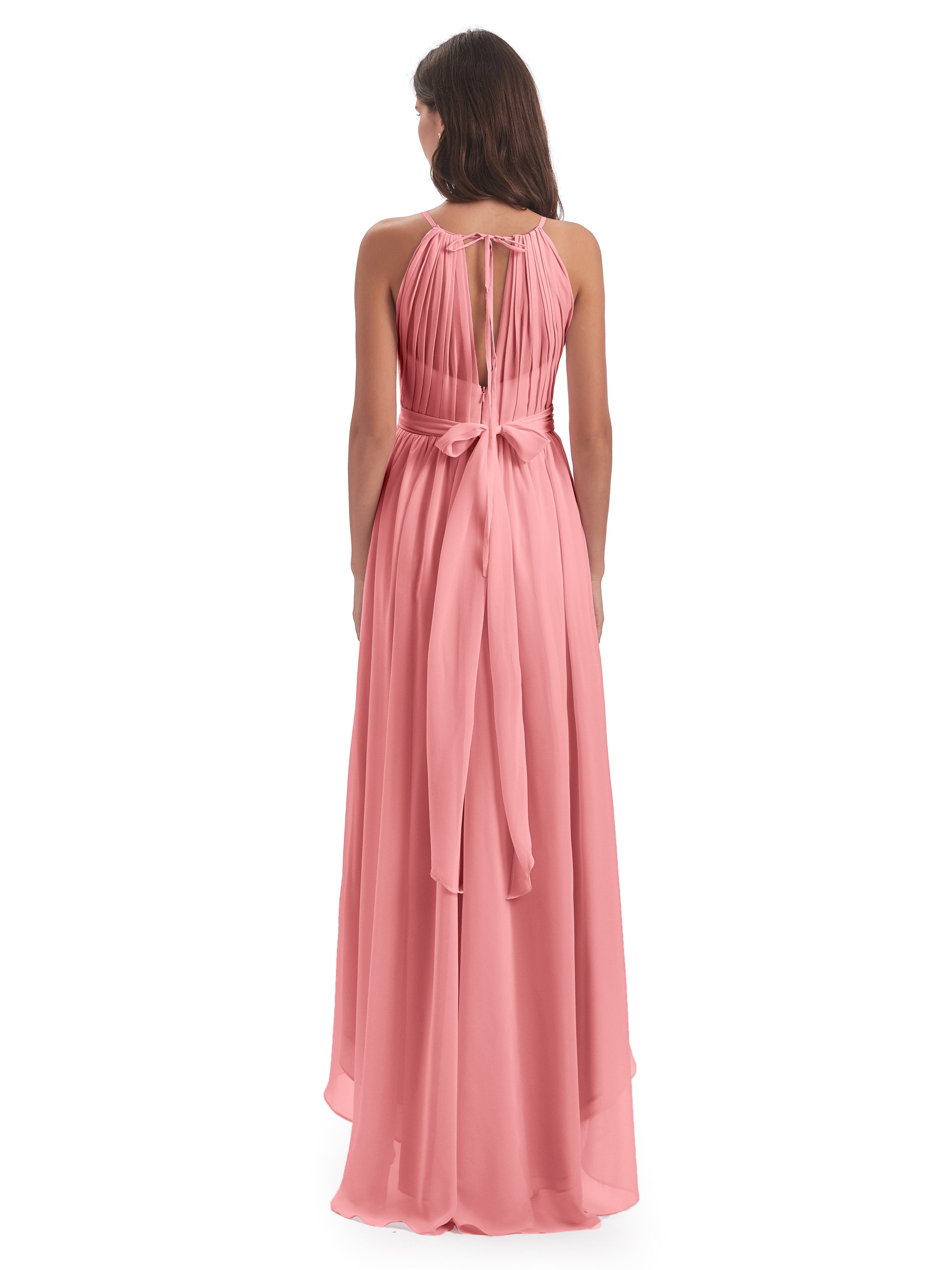 Robes De Demoiselle D'Honneur En Flamant Asymétrique Haute Basse Licou Mousseline Robes Demoiselle D'Honneur