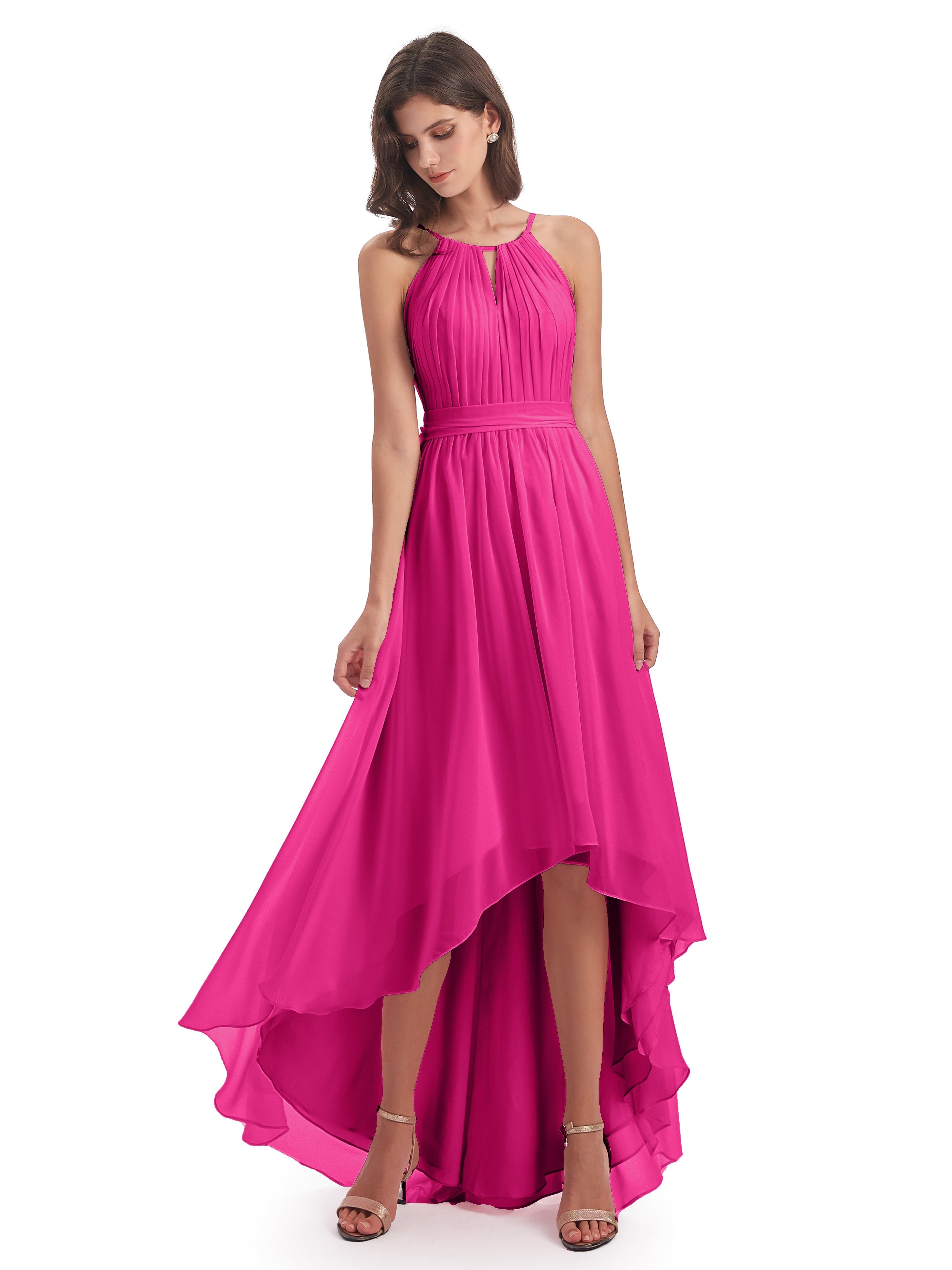 Robe Rose Fuchsia Demoiselle D Honneur Asymétrique Haute Basse Licou Mousseline Robes Demoiselle D'Honneur