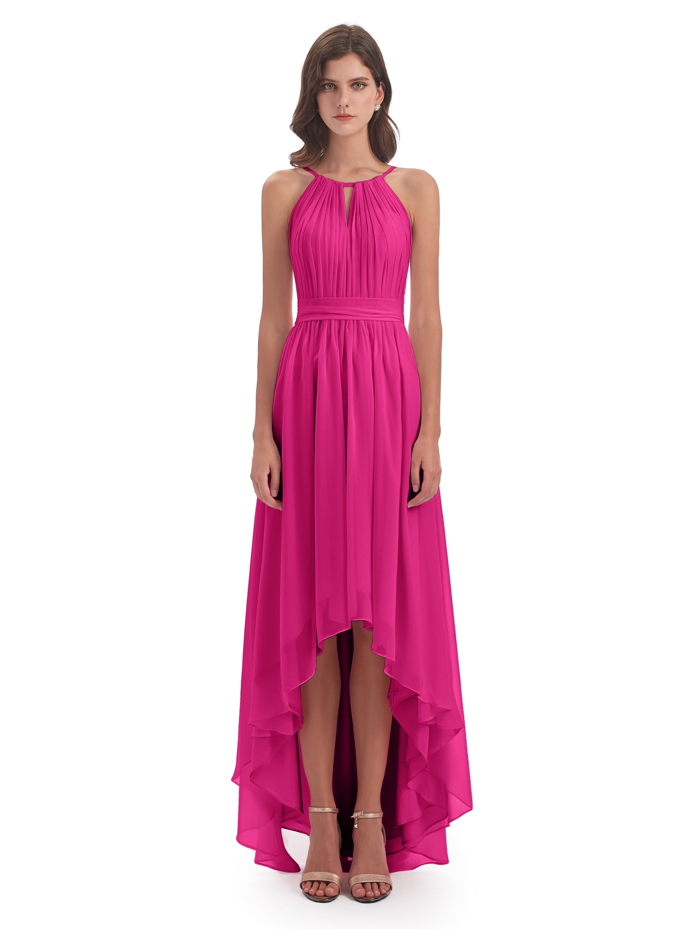 Robe Rose Fuchsia Demoiselle D Honneur Asymétrique Haute Basse Licou Mousseline Robes Demoiselle D'Honneur