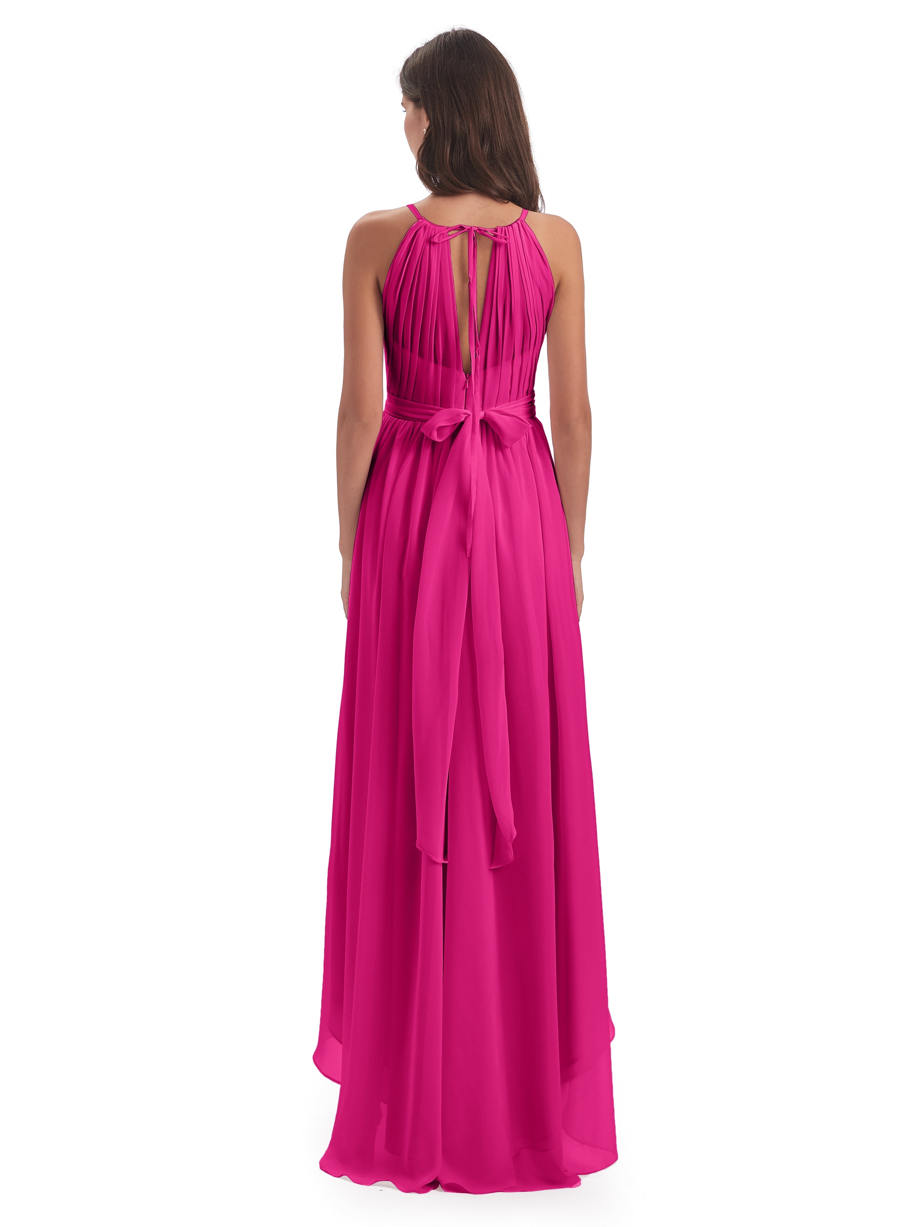 Robe Rose Fuchsia Demoiselle D Honneur Asymétrique Haute Basse Licou Mousseline Robes Demoiselle D'Honneur